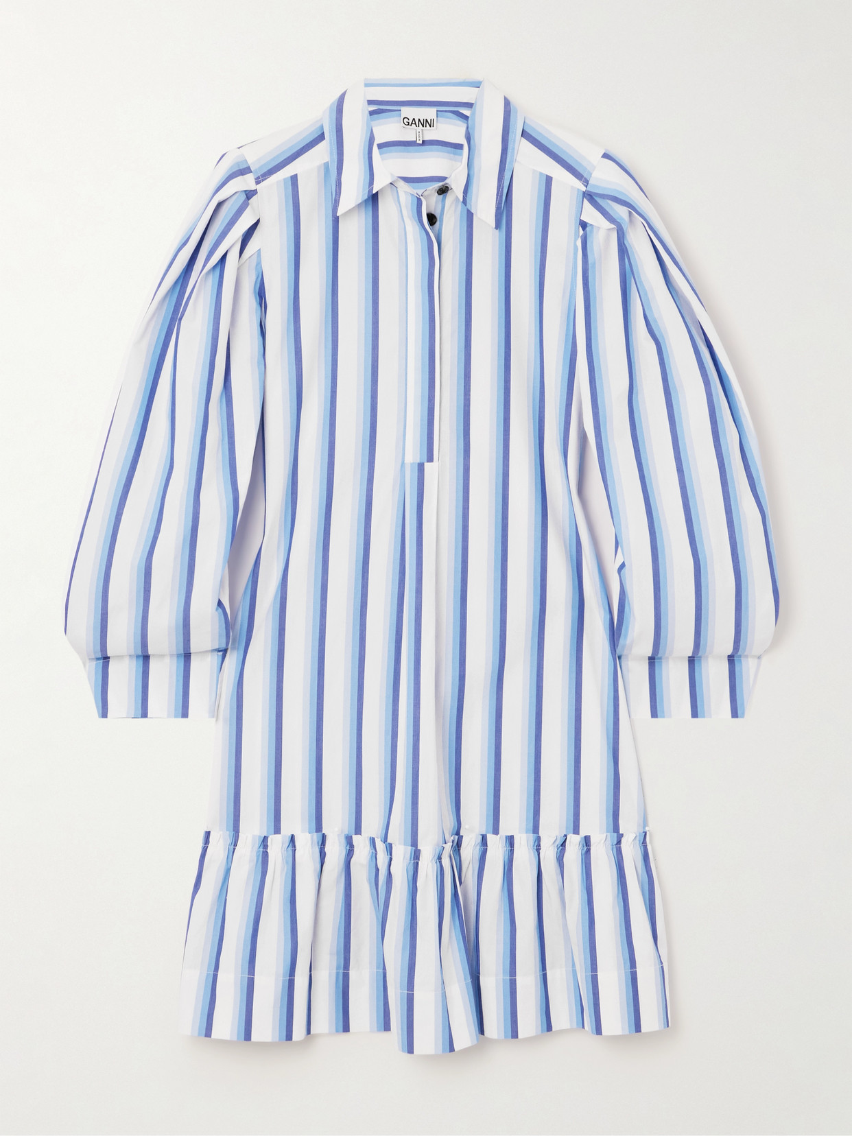 Shop Ganni + Net Sustain Ruffled Striped Organic Cotton-poplin Mini Shirt Dress In Blue