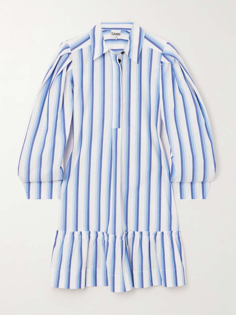 Ganni + Net Sustain Ruffled Striped Organic Cotton-poplin Mini Shirt Dress - EU 44