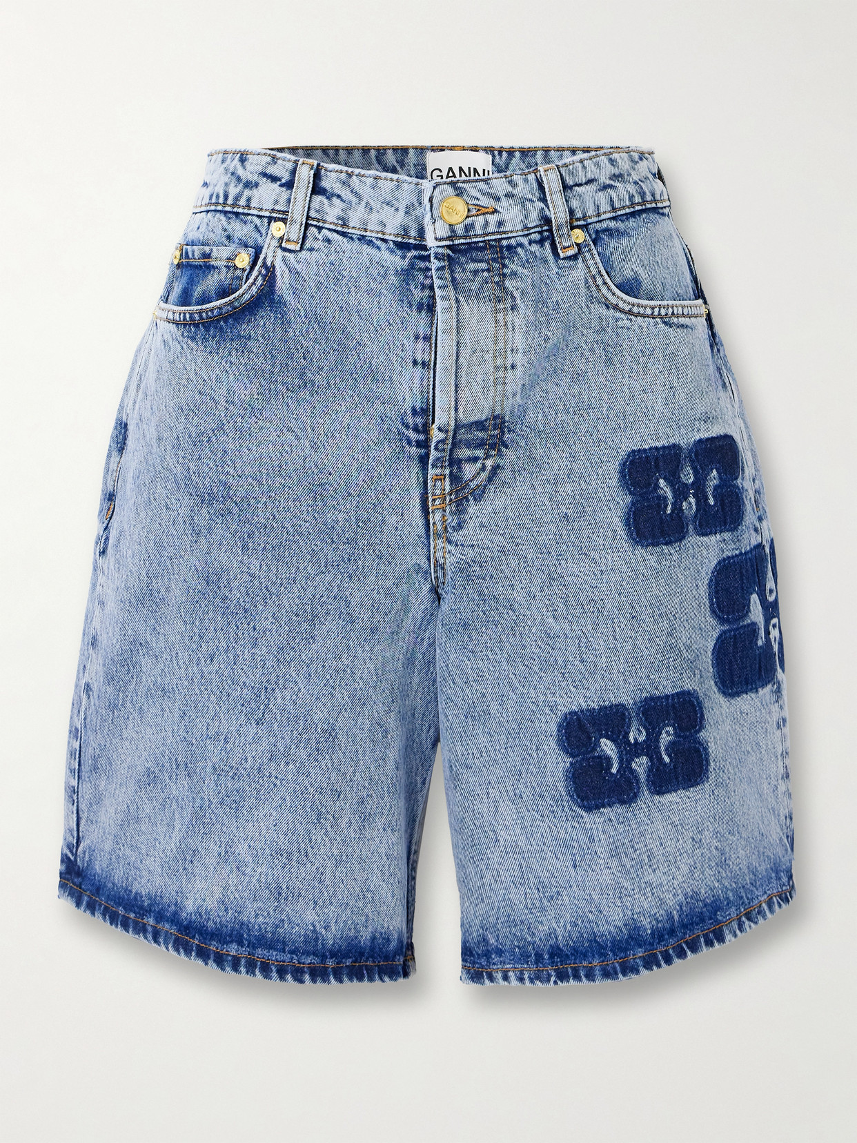 Shop Ganni Logo-detailed Organic Denim Shorts In Blue