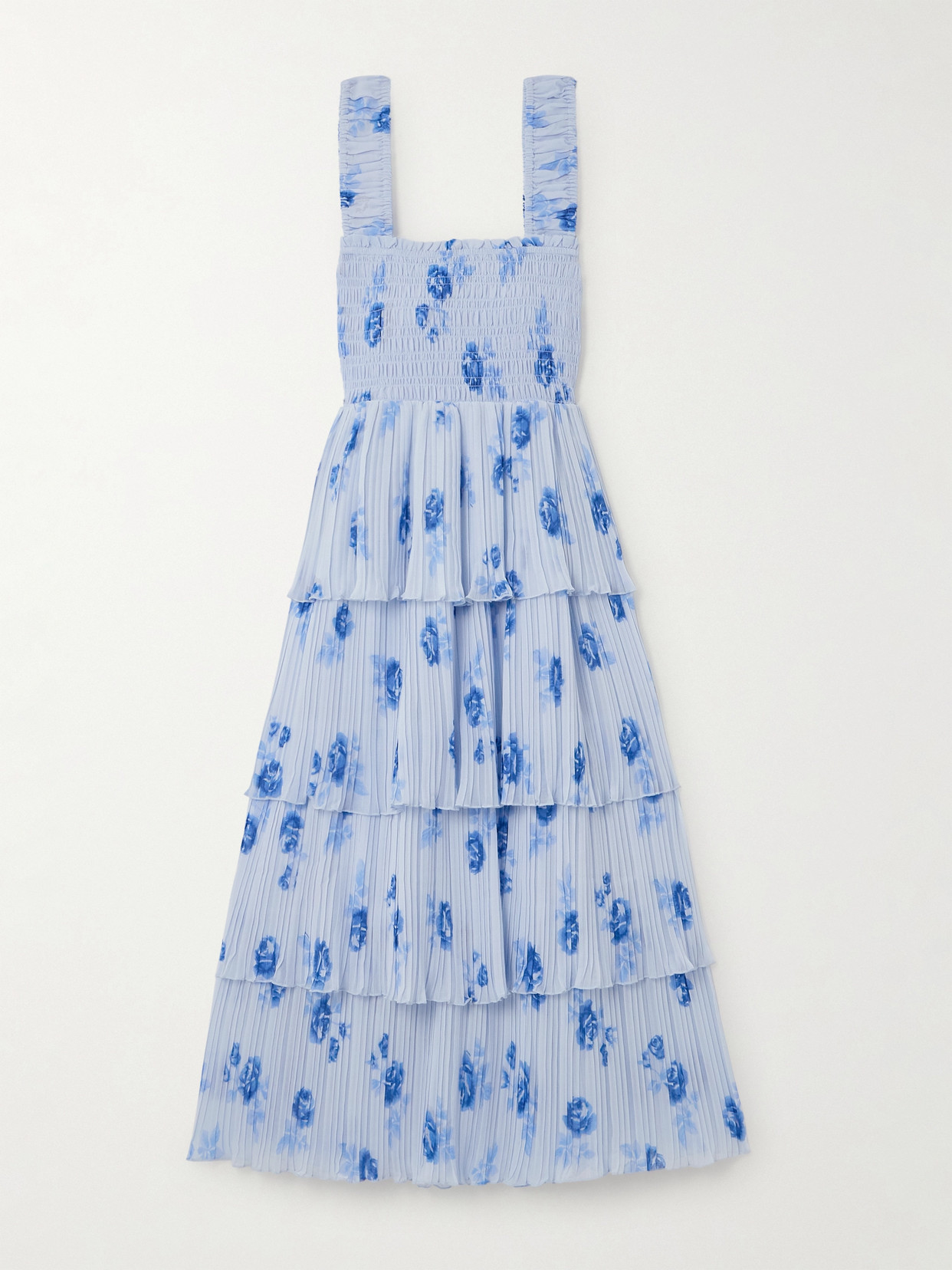 Shop Ganni Ruffled Shirred Pleated Georgette Midi Dress In Blue