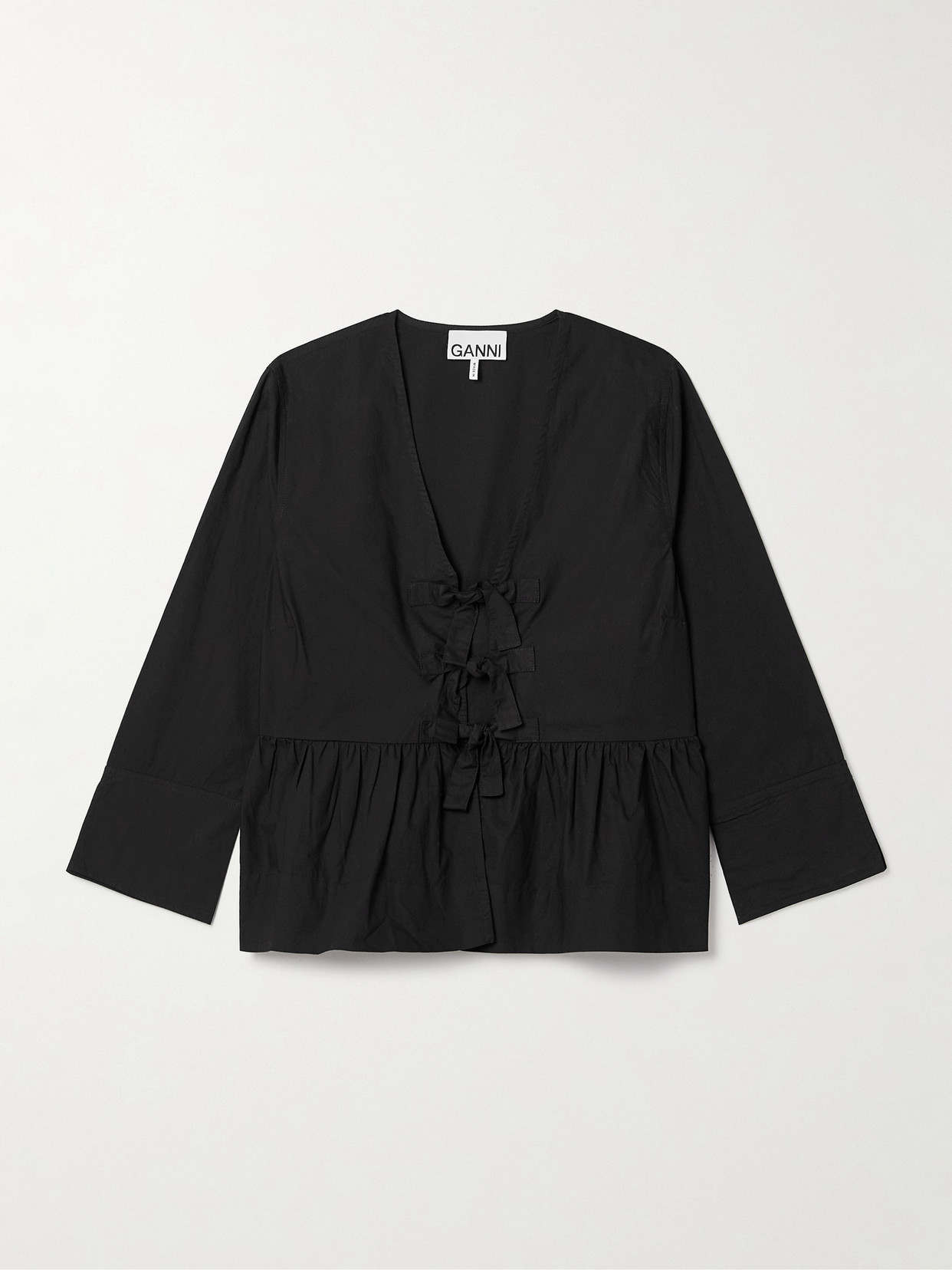 Ganni Long Sleeve Cotton Poplin Tie String Peplum Blouse In Black