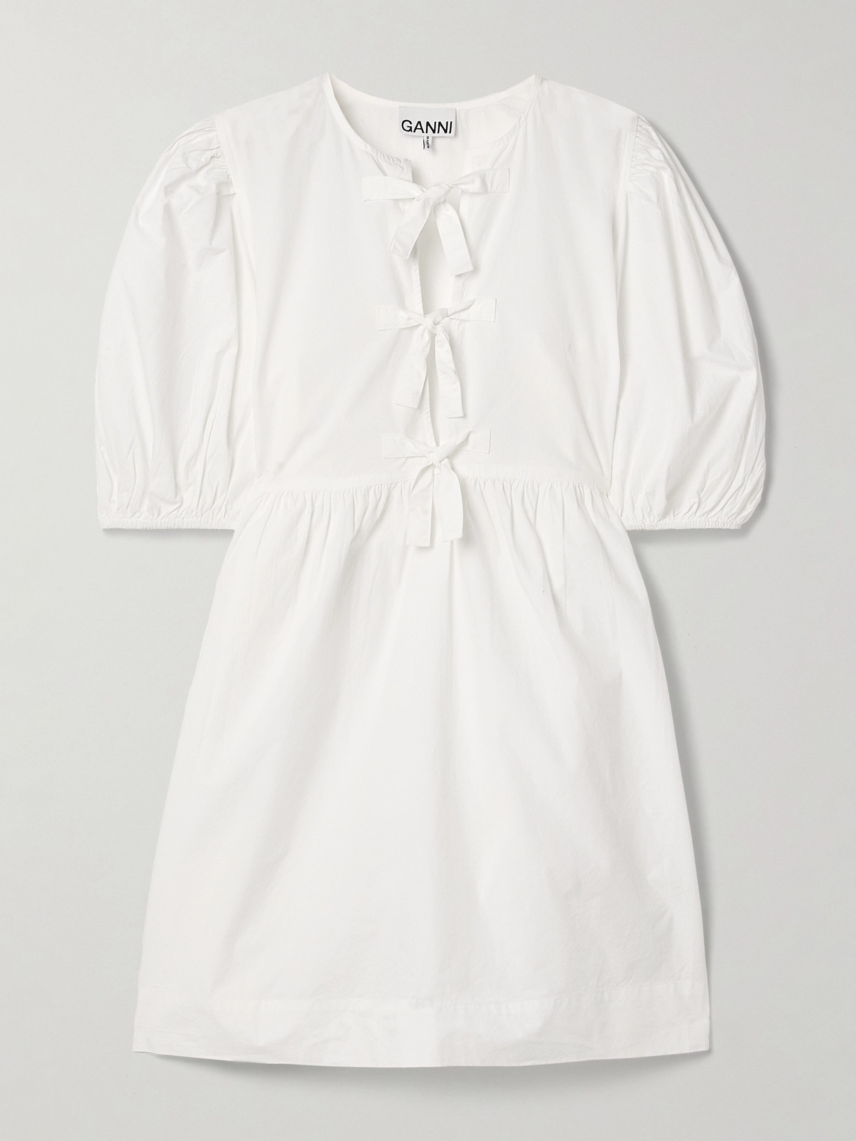 Shop Ganni + Net Sustain Tie-front Organic Cotton-poplin Mini Dress In White