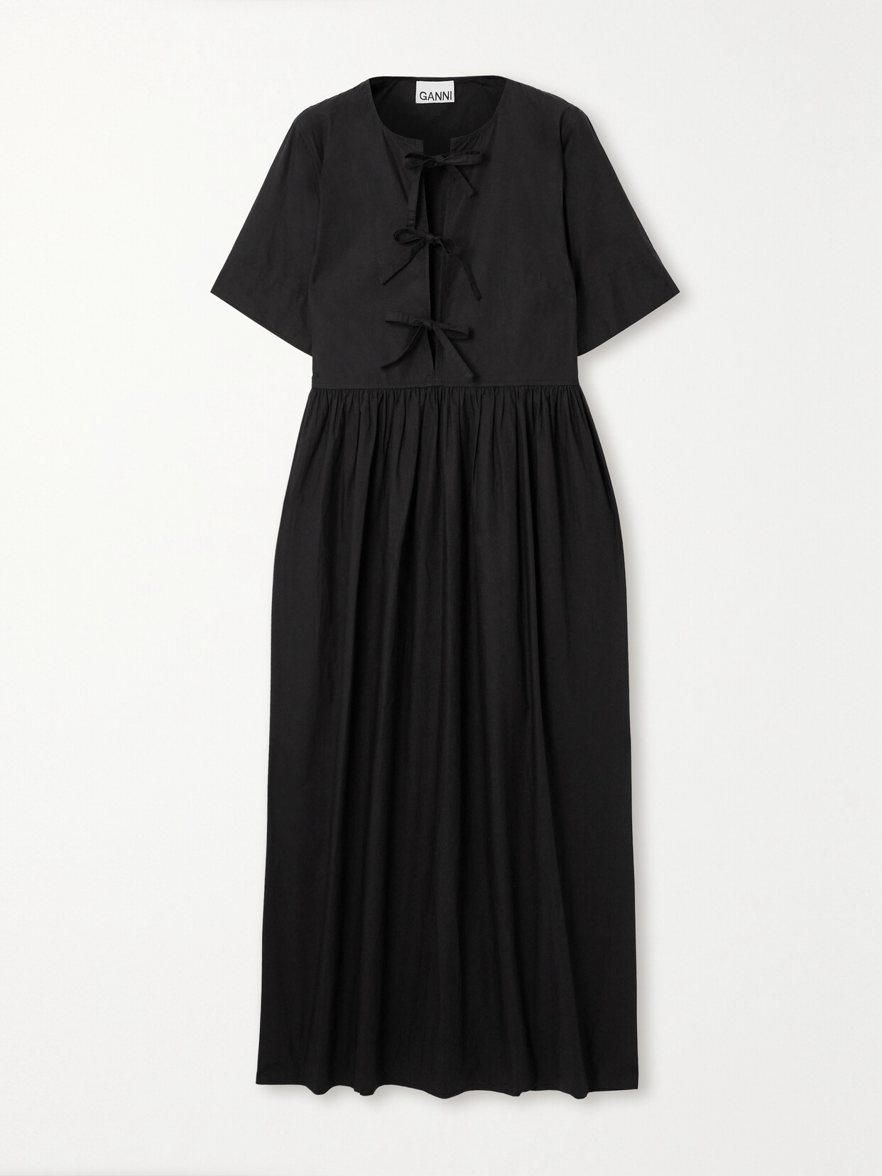 Shop Ganni + Net Sustain Bow-detailed Organic Cotton-poplin Midi Dress In Black