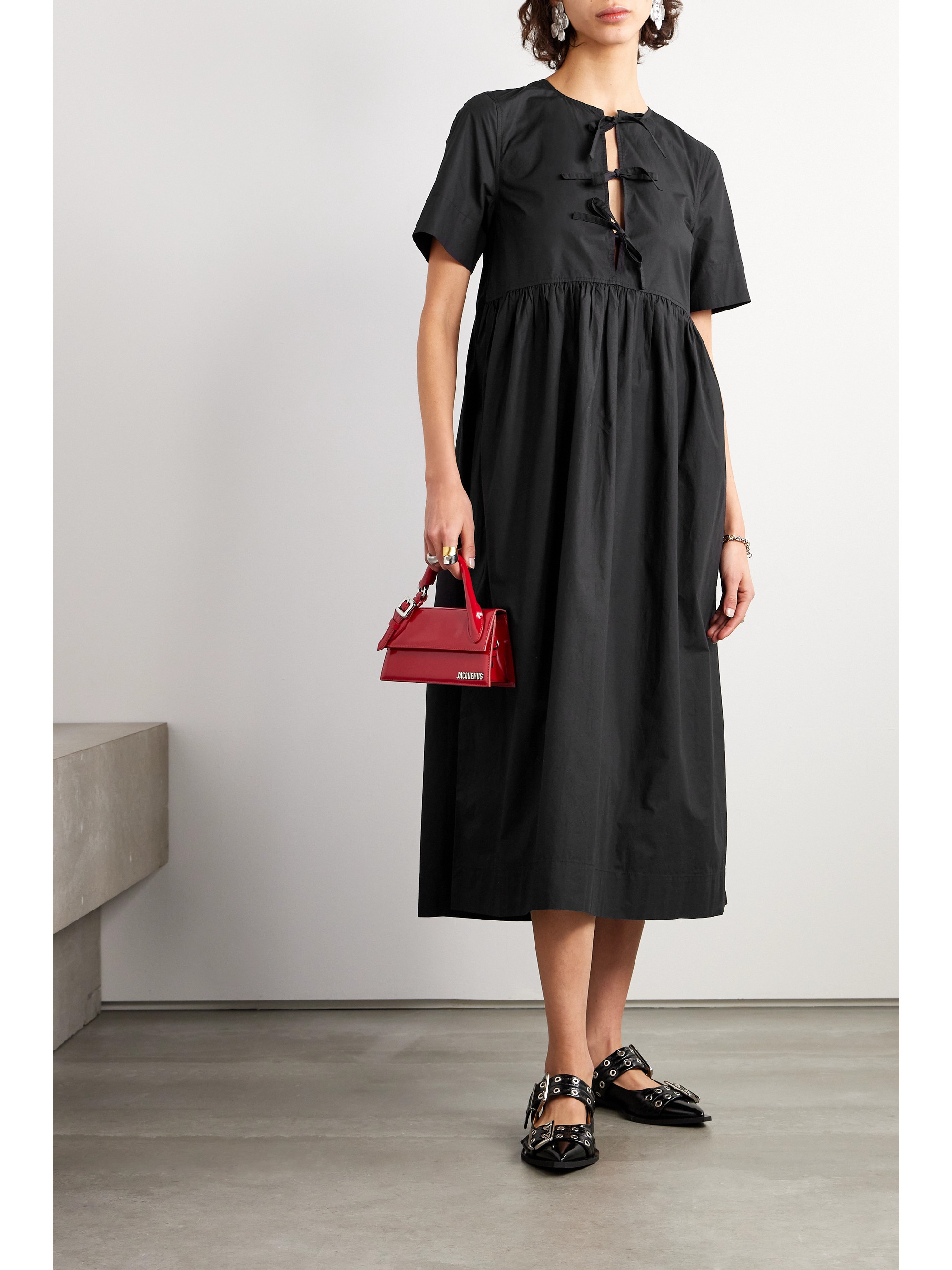 GANNI - + NET SUSTAIN bow-detailed organic cotton-poplin midi dress | Plush