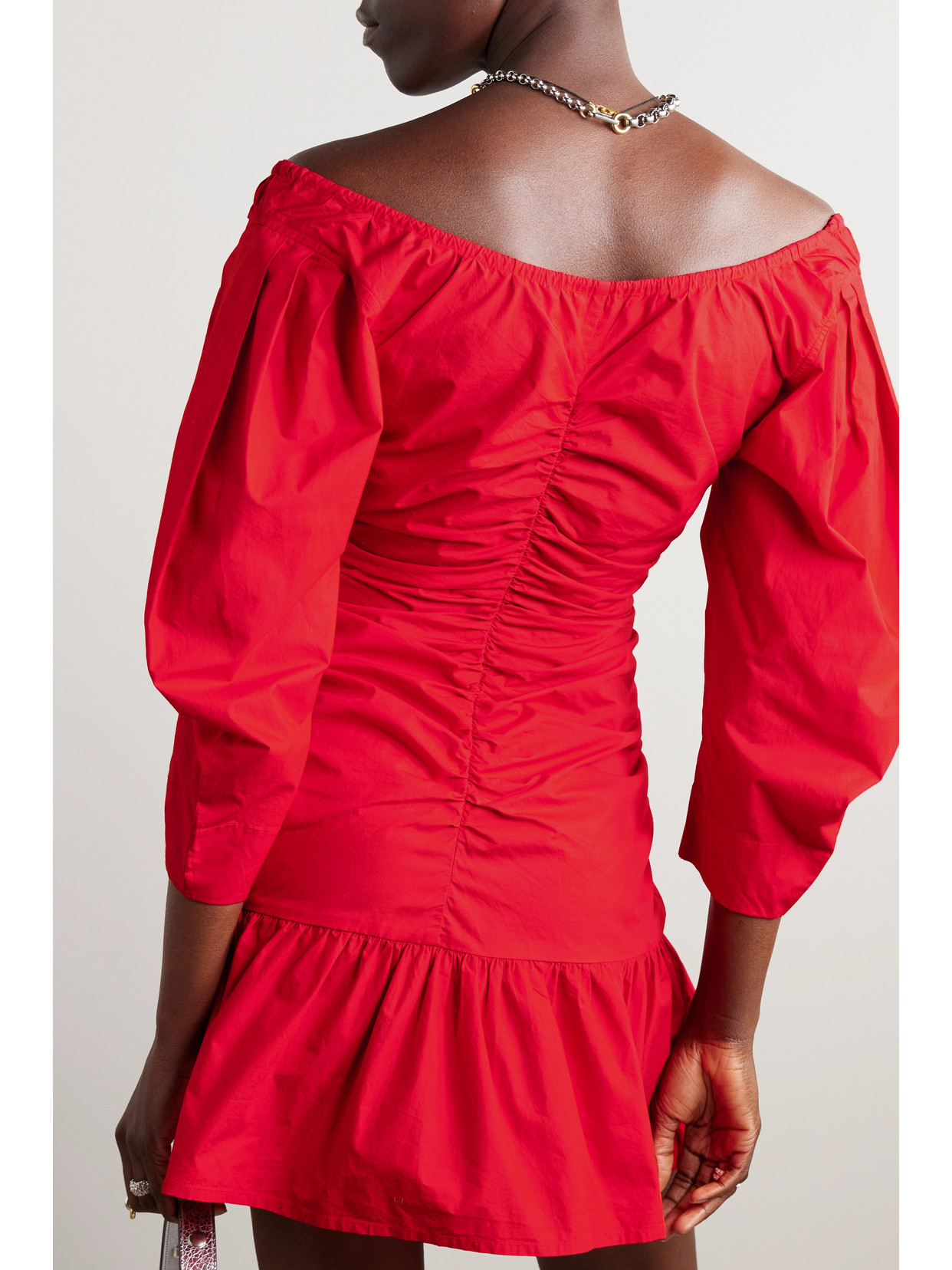 Ganni + Net Sustain Off-the-shoulder Gathered Organic Cotton-poplin Mini Dress In Red