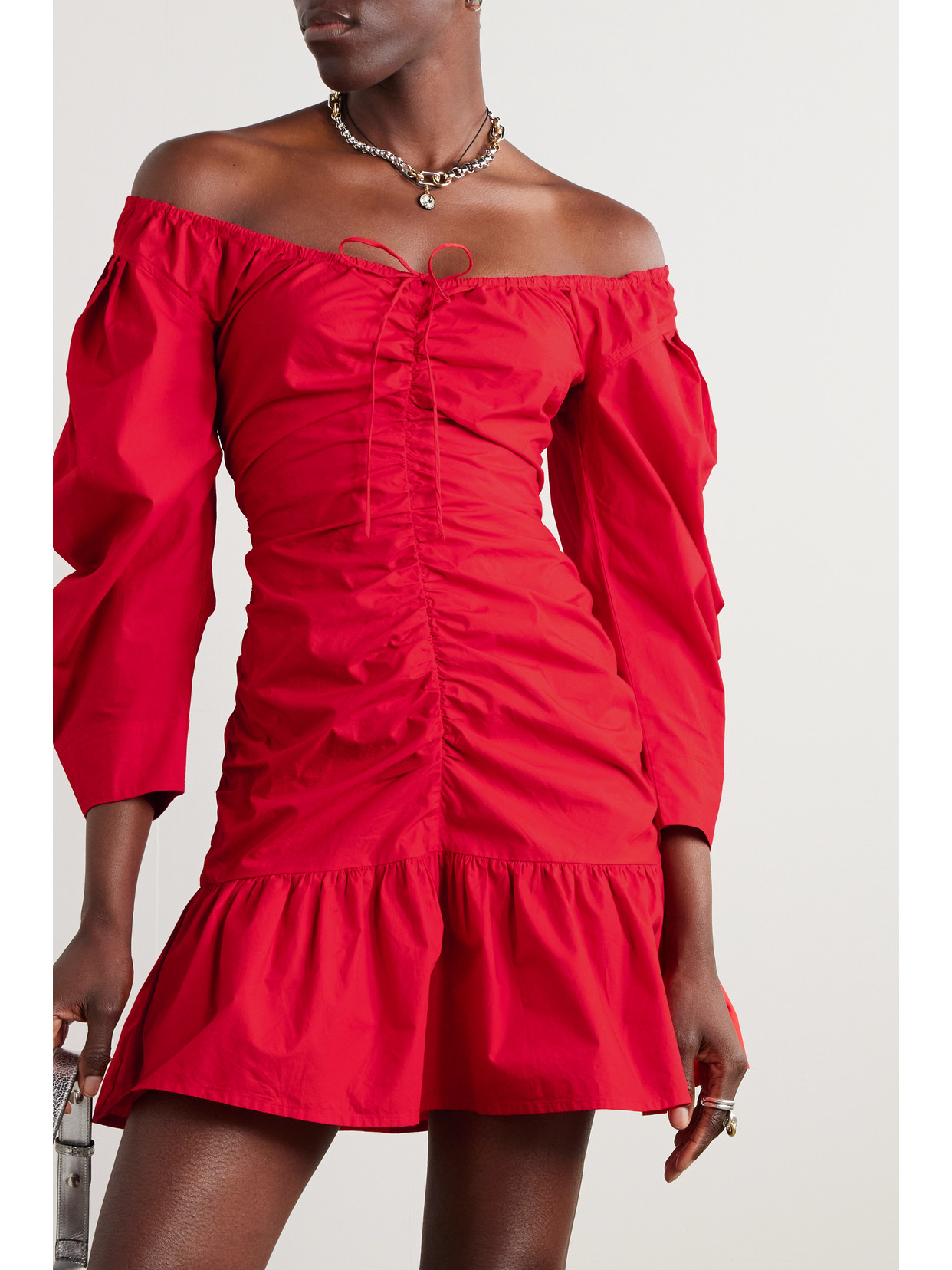 Ganni + Net Sustain Off-the-shoulder Gathered Organic Cotton-poplin Mini Dress In Red