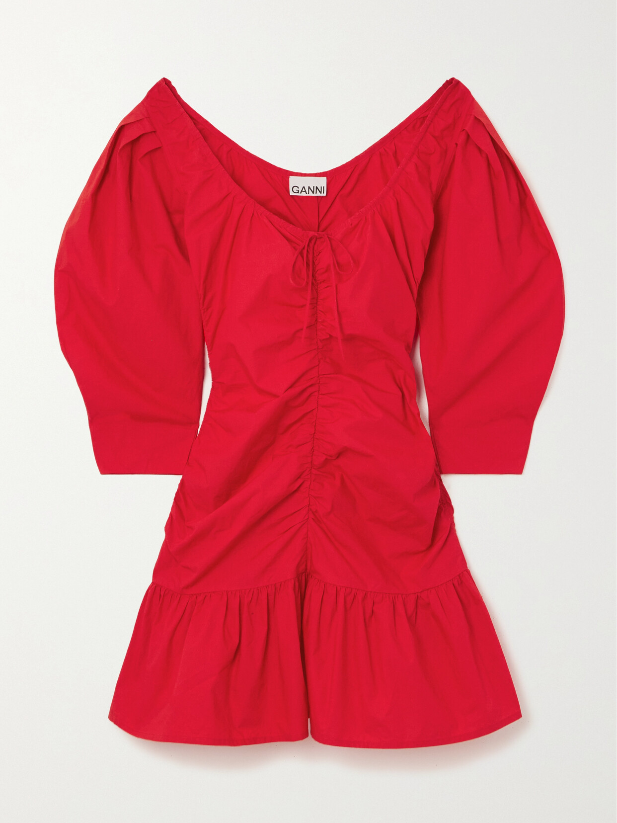 Ganni + Net Sustain Off-the-shoulder Gathered Organic Cotton-poplin Mini Dress In Red