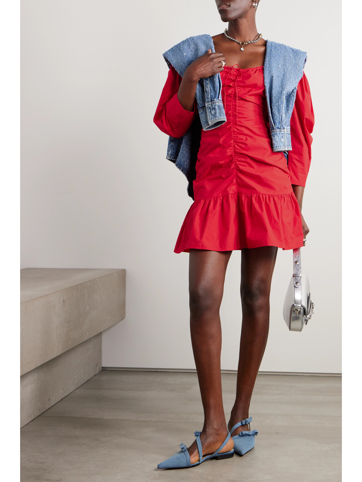 Ganni + Net Sustain Off-the-shoulder Gathered Organic Cotton-poplin Mini Dress In Red