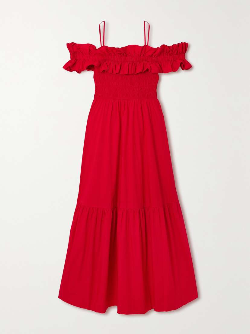 Ganni + Net Sustain Cold-shoulder Shirred Organic Cotton-poplin Midi Dress - EU 44