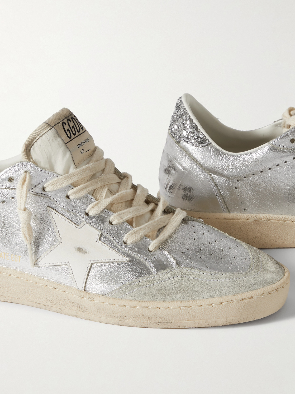 Golden Goose Ballstar Glittered Distressed Metallic Leather Sneakers In Silver