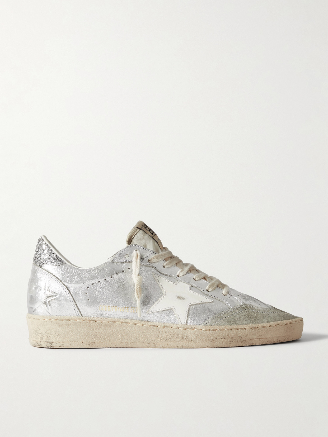 Golden Goose Ballstar Glittered Distressed Metallic Leather Sneakers In Silver