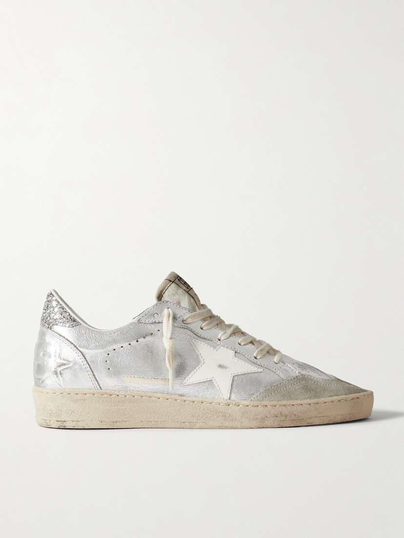 Golden Goose Ballstar Glittered Distressed Metallic Leather Sneakers