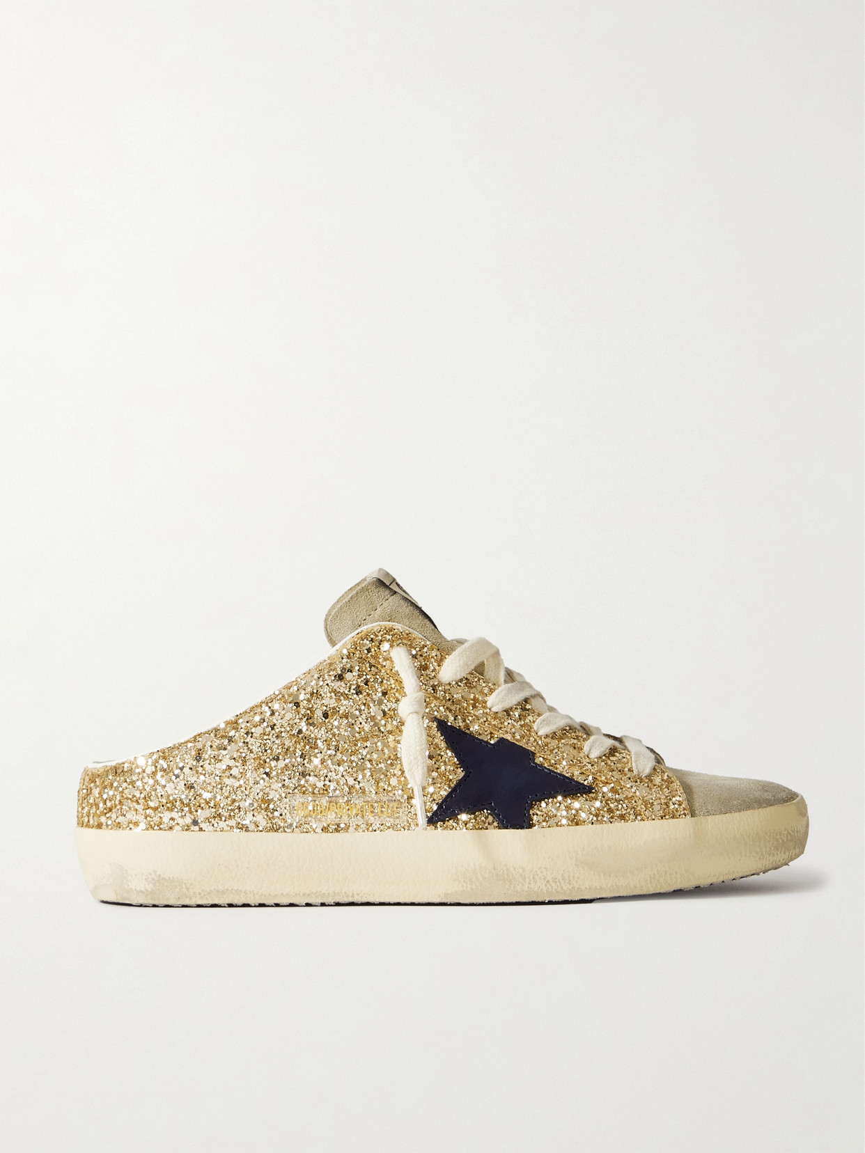 Golden Goose Super-star Sabot Distressed Leather-trimmed Glittered Suede Slip-on Sneakers In Gold