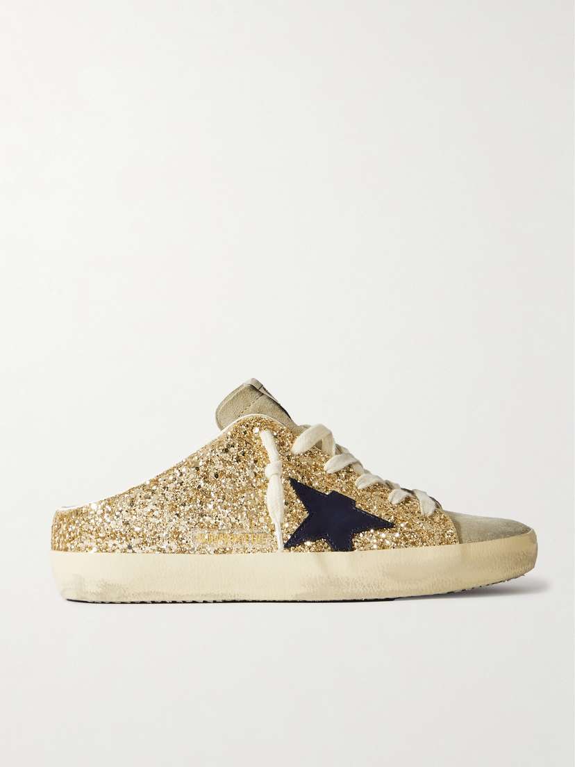 Golden Goose Super-star Sabot Distressed Leather-trimmed Glittered Suede Slip-on Sneakers