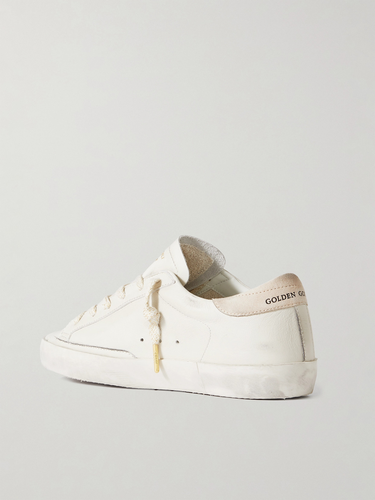 GOLDEN GOOSE SUPER-STAR RAFFIA-TRIMMED DISTRESSED LEATHER SNEAKERS