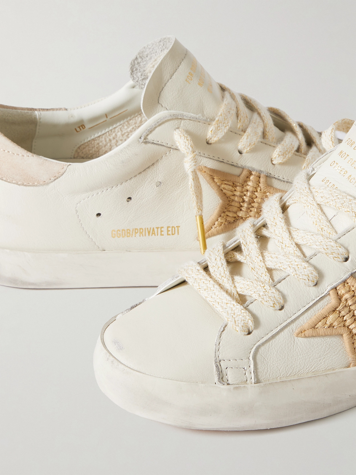 GOLDEN GOOSE SUPER-STAR RAFFIA-TRIMMED DISTRESSED LEATHER SNEAKERS