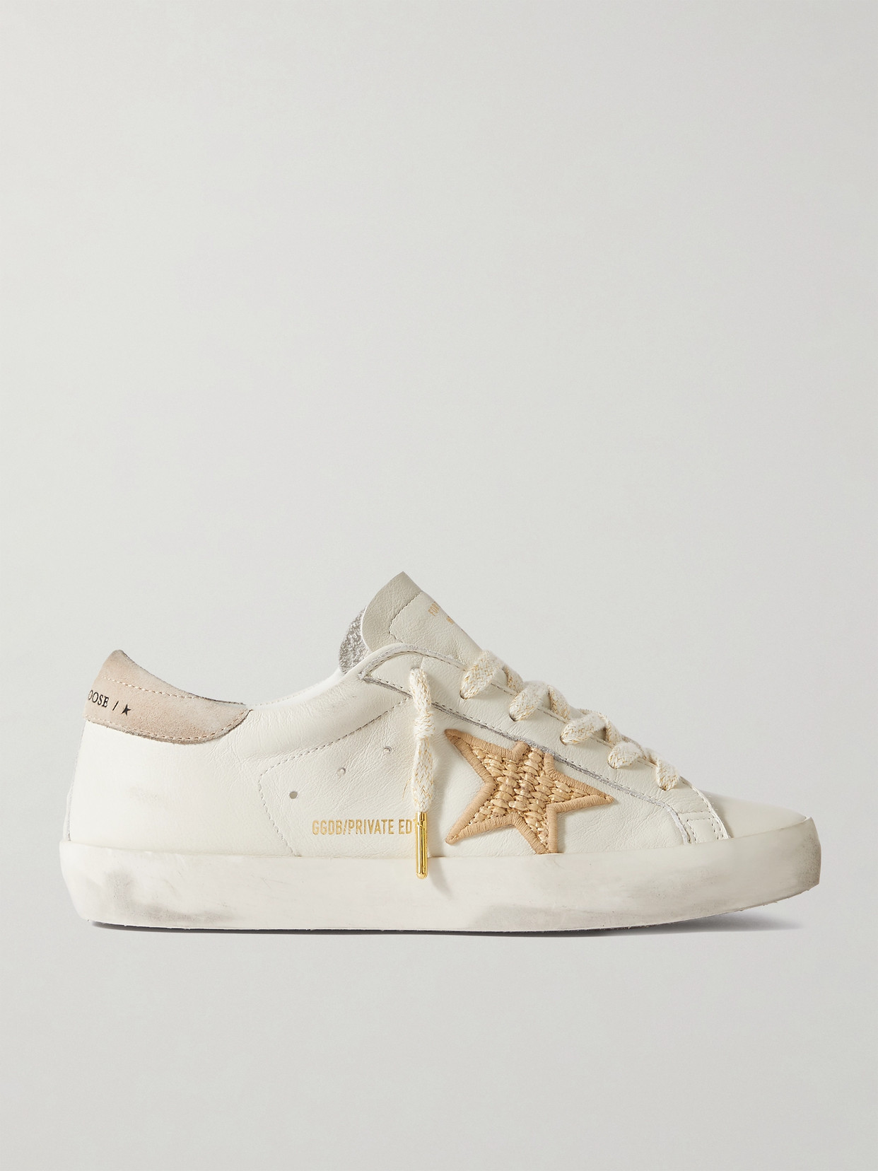 Golden Goose Super-star Raffia-trimmed Distressed Leather Sneakers In Off-white