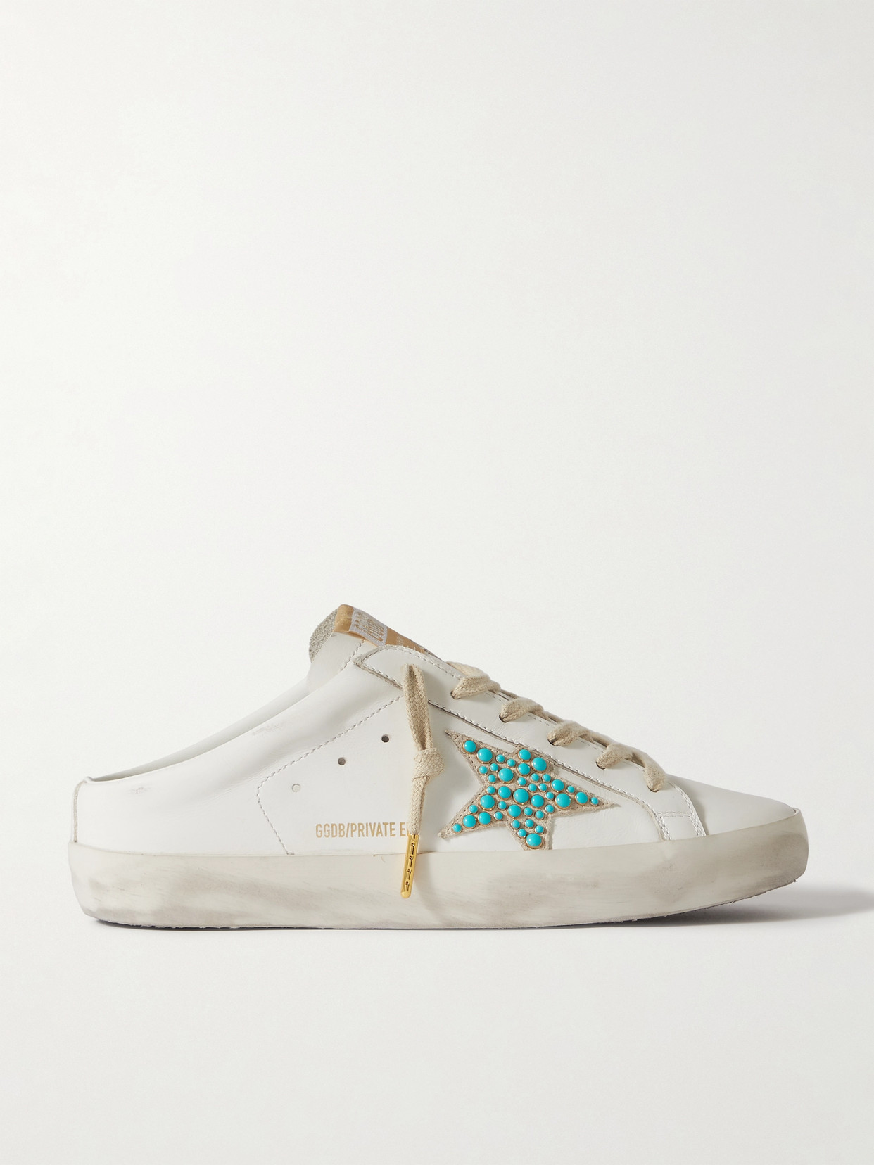 Golden Goose Super-star Sabot Distressed Turquoise-trimmed Leather Slip-on Sneakers In Off-white