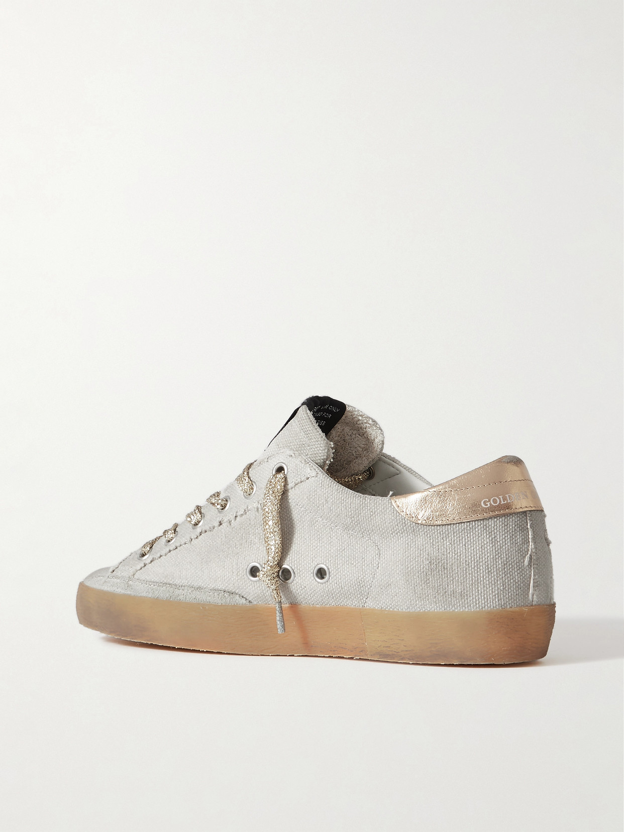 Golden Goose Super-star Suede And Metallic Leather-trimmed Distressed Canvas Sneakers In Off-white