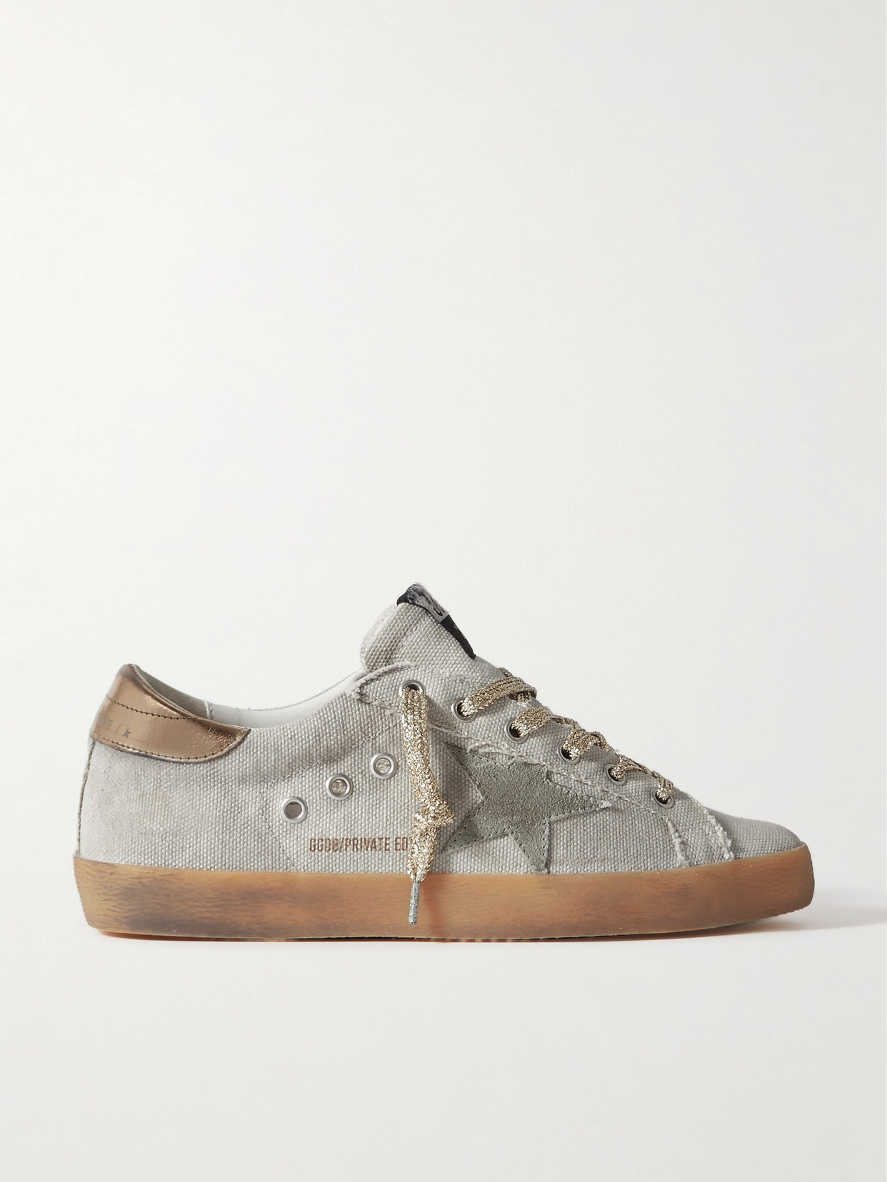 Golden Goose Super-star Suede And Metallic Leather-trimmed Distressed Canvas Sneakers In Off-white