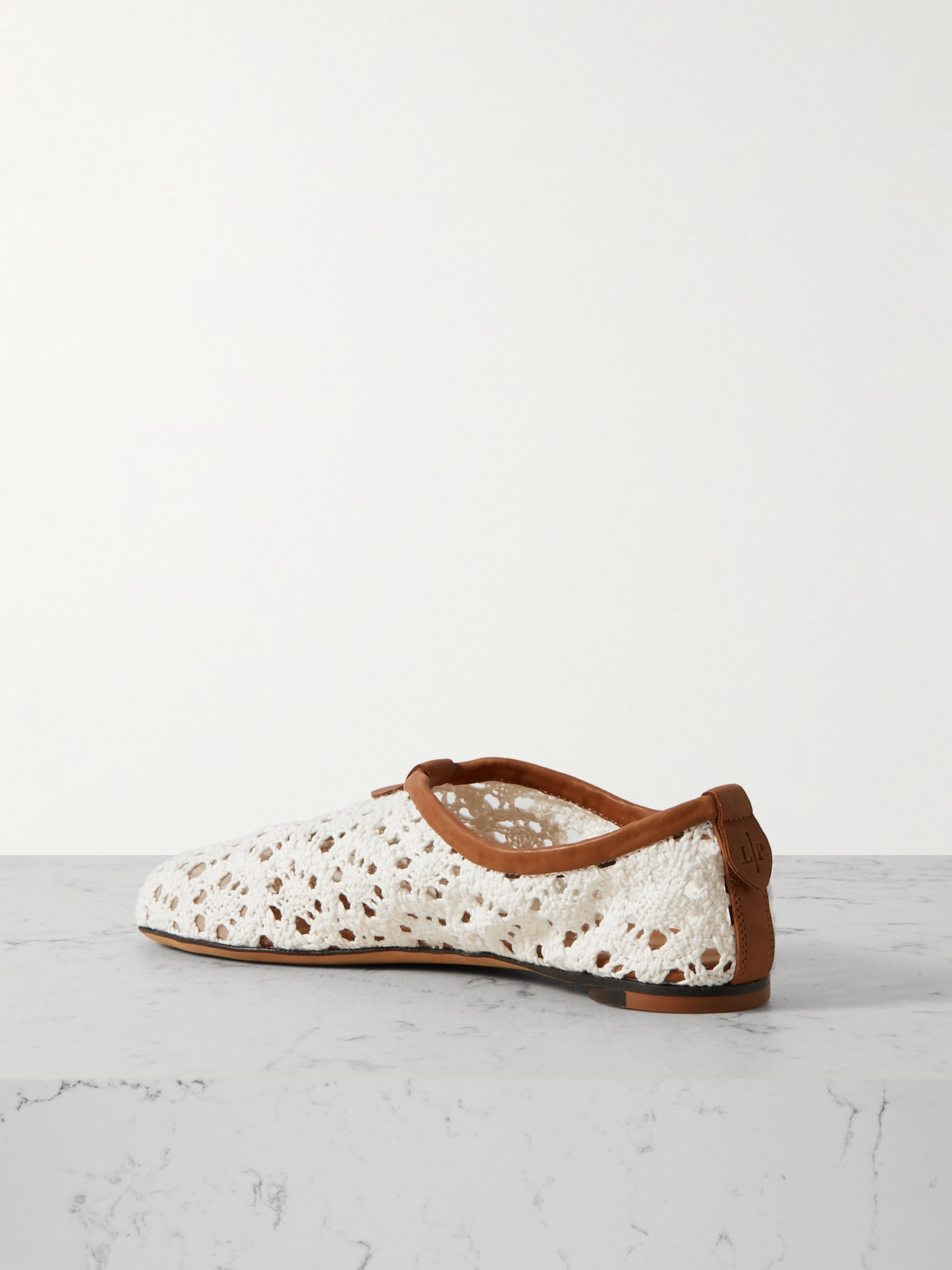 Shop Loro Piana Floaty Leather-trimmed Macramé Lace Flats In Off-white