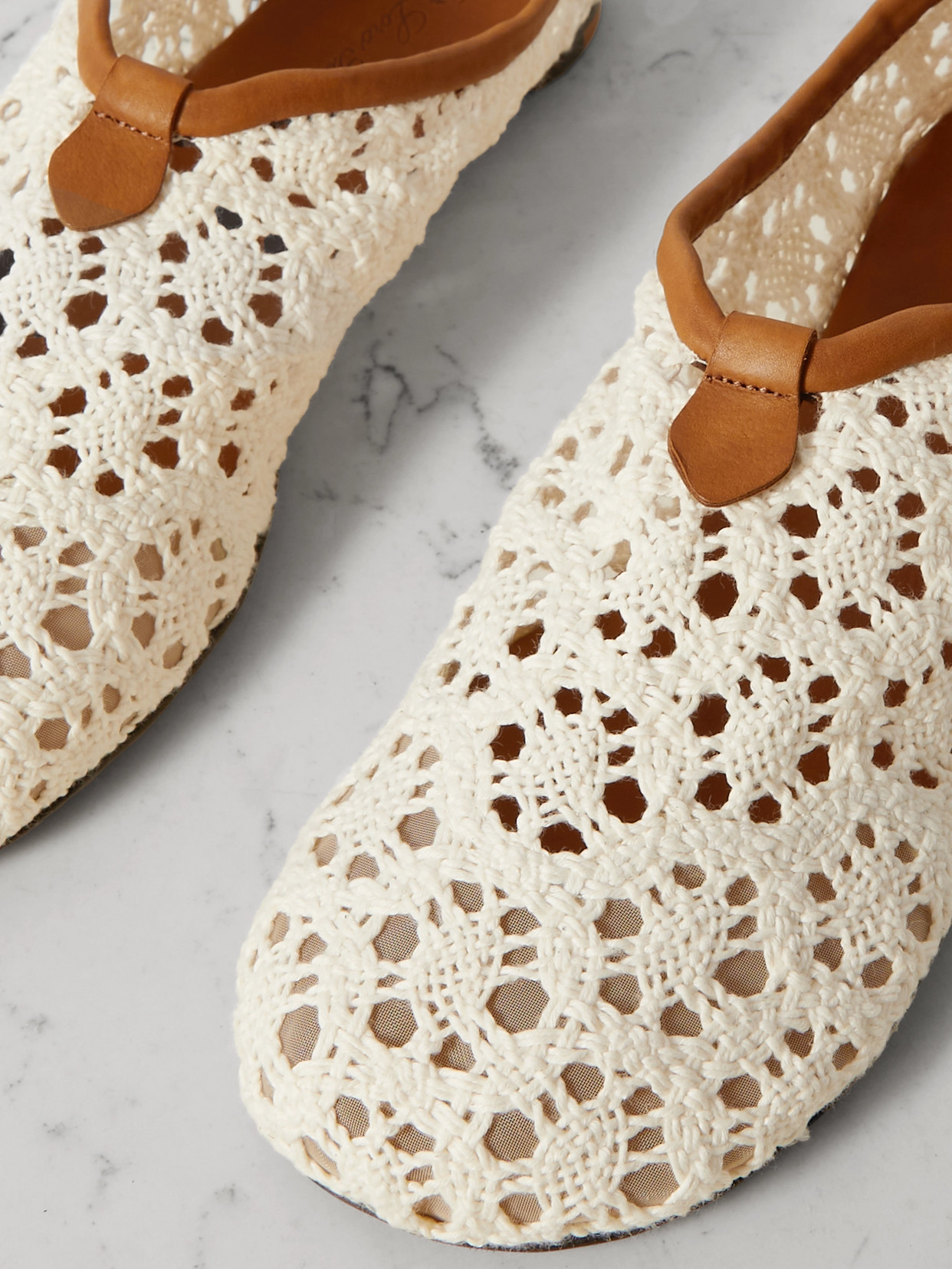 Shop Loro Piana Floaty Leather-trimmed Macramé Lace Flats In Off-white