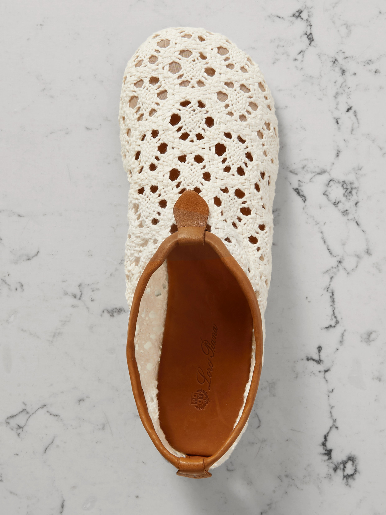 Shop Loro Piana Floaty Leather-trimmed Macramé Lace Flats In Off-white