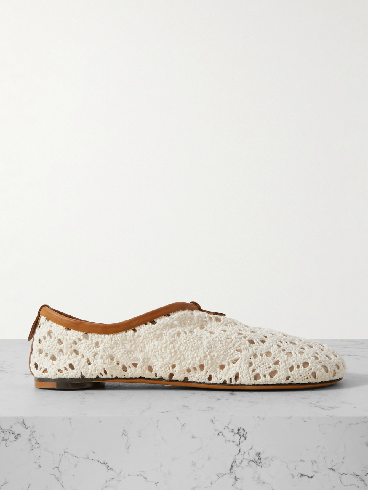 Shop Loro Piana Floaty Leather-trimmed Macramé Lace Flats In Off-white