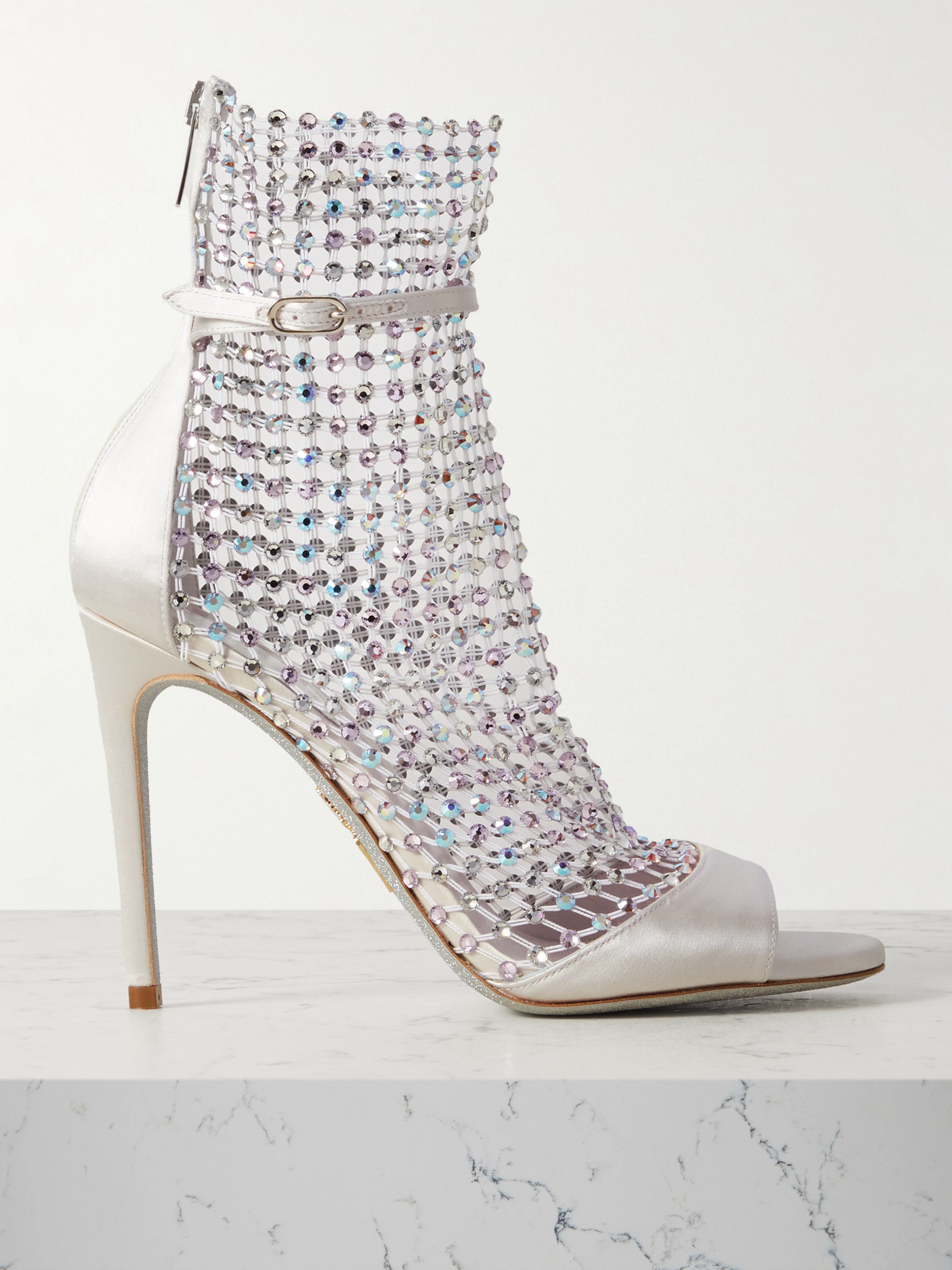 Shop René Caovilla Galaxia Crystal-embellished Satin And Mesh Pumps In White