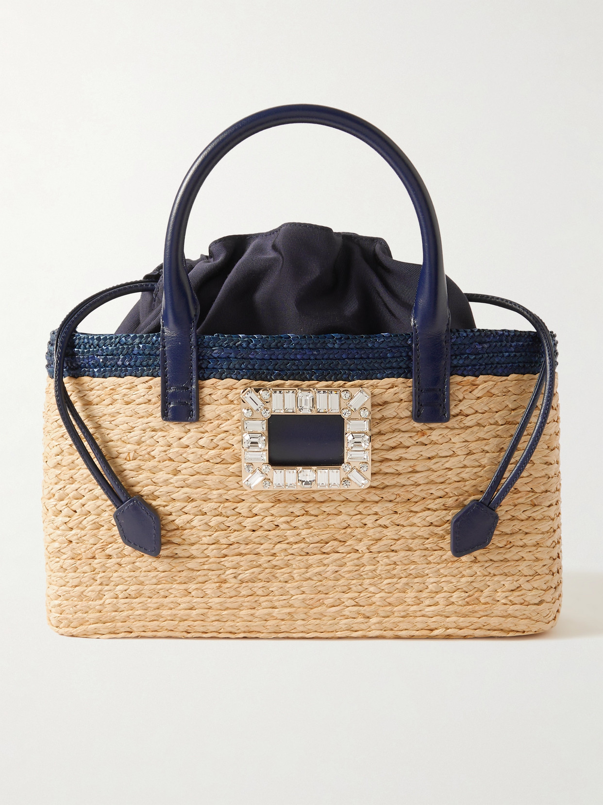 Roger Vivier Viv Skate Crystal-embellished Leather-trimmed Raffia Tote In Blue