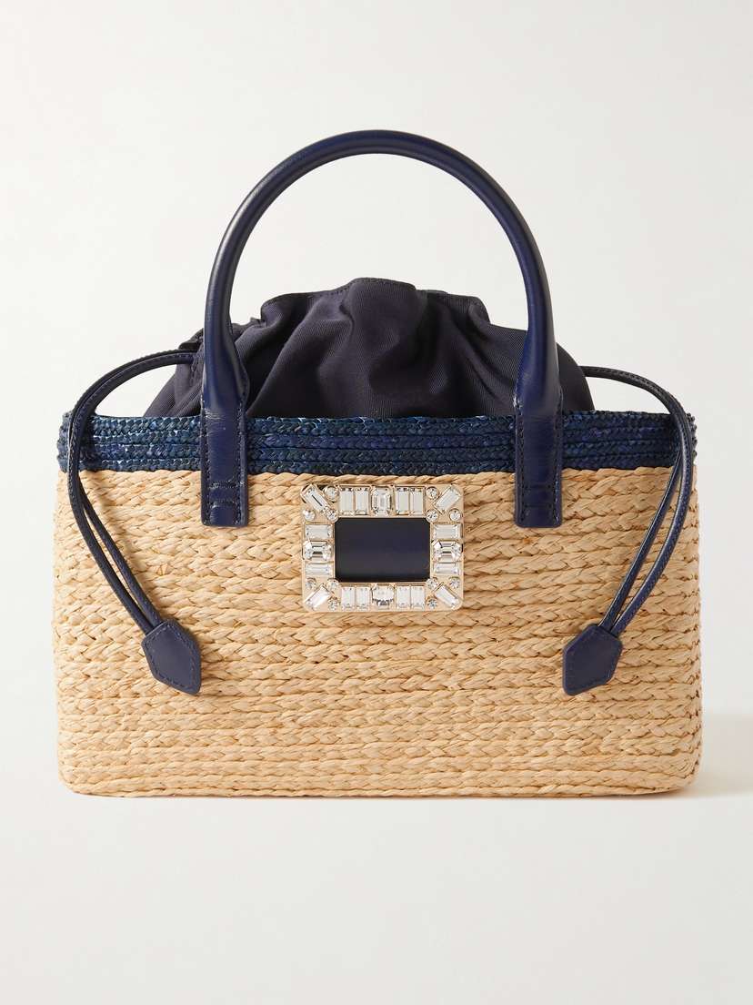 Roger Vivier Viv Skate Crystal-embellished Leather-trimmed Raffia Tote