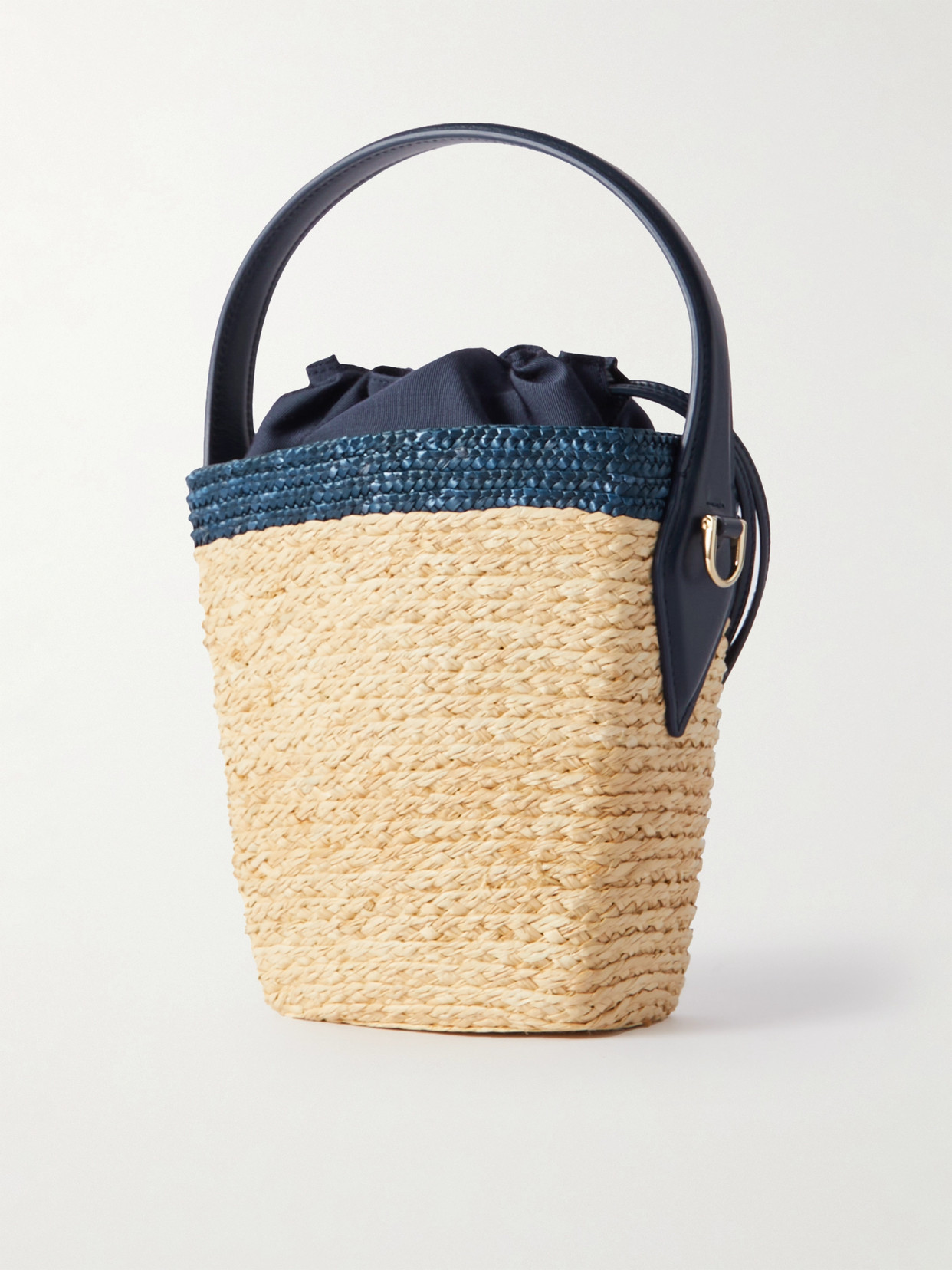 Shop Roger Vivier Viv Skate Mini Crystal-embellished Leather-trimmed Raffia Bucket Bag In Blue