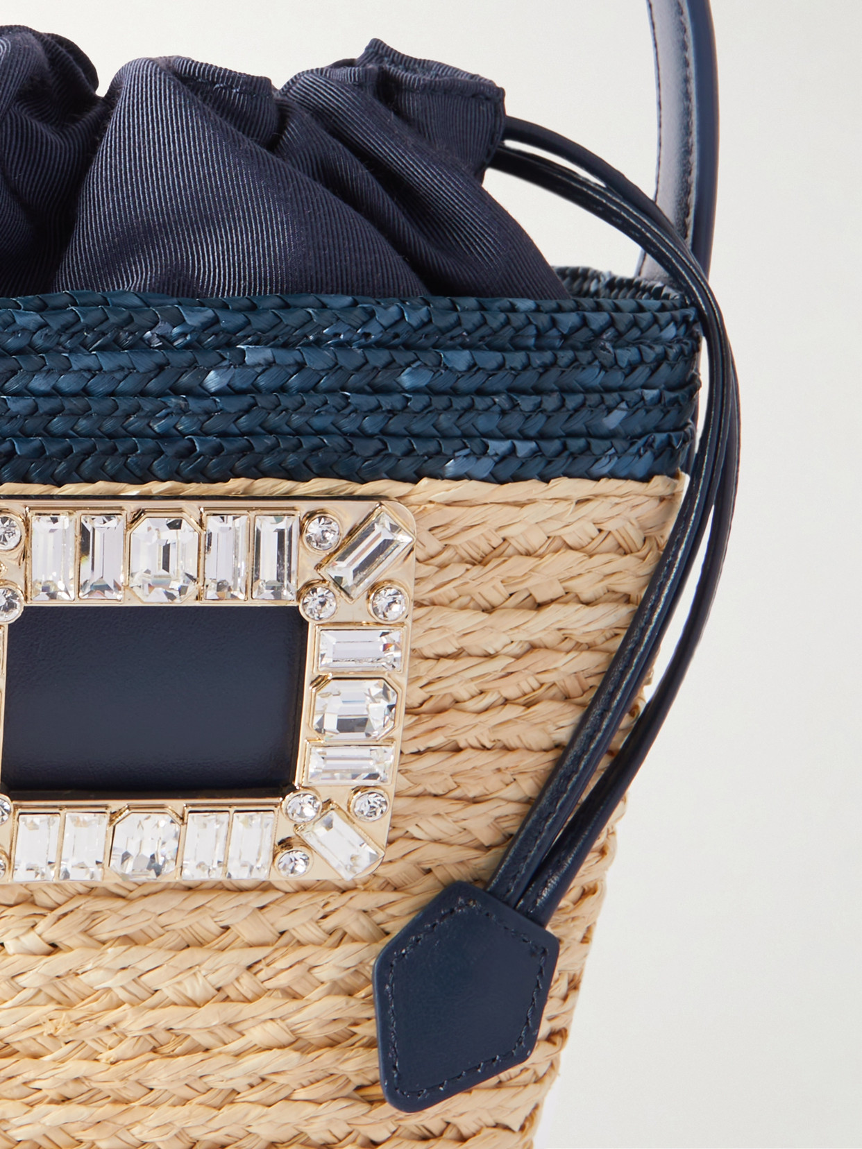 Shop Roger Vivier Viv Skate Mini Crystal-embellished Leather-trimmed Raffia Bucket Bag In Blue