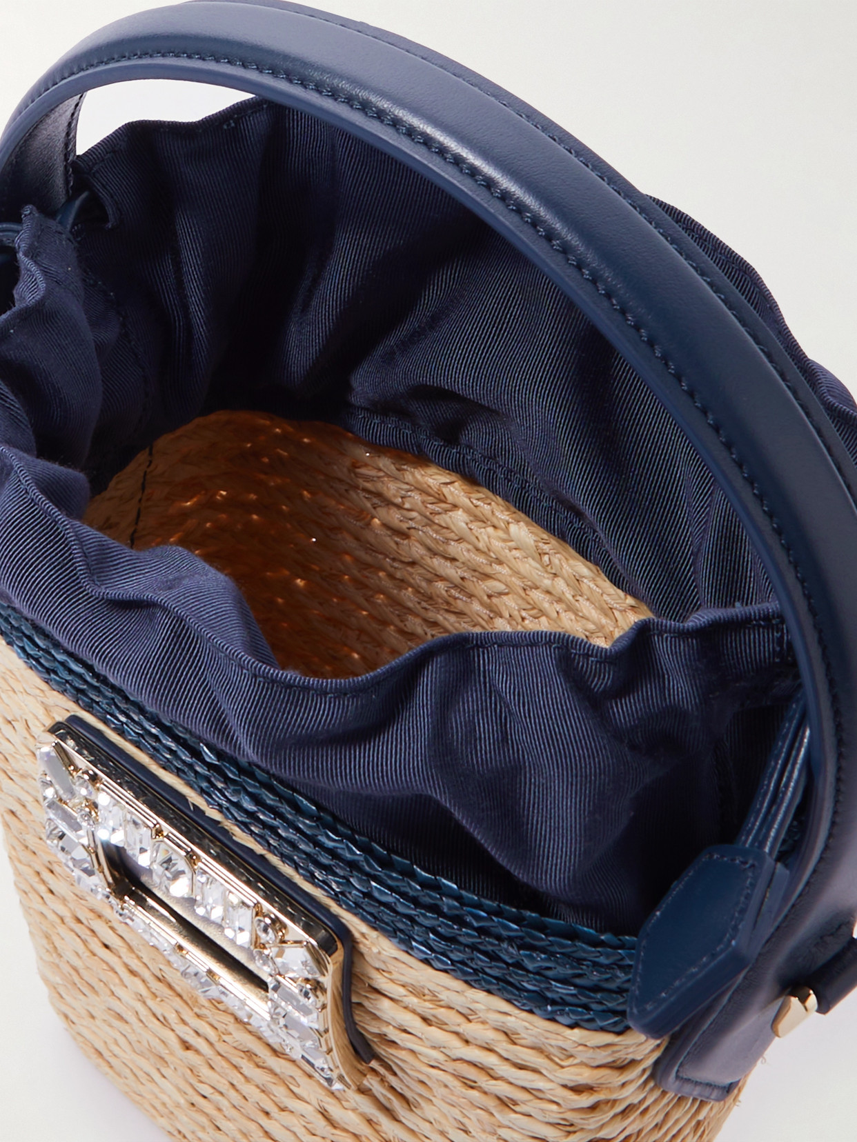 Shop Roger Vivier Viv Skate Mini Crystal-embellished Leather-trimmed Raffia Bucket Bag In Blue