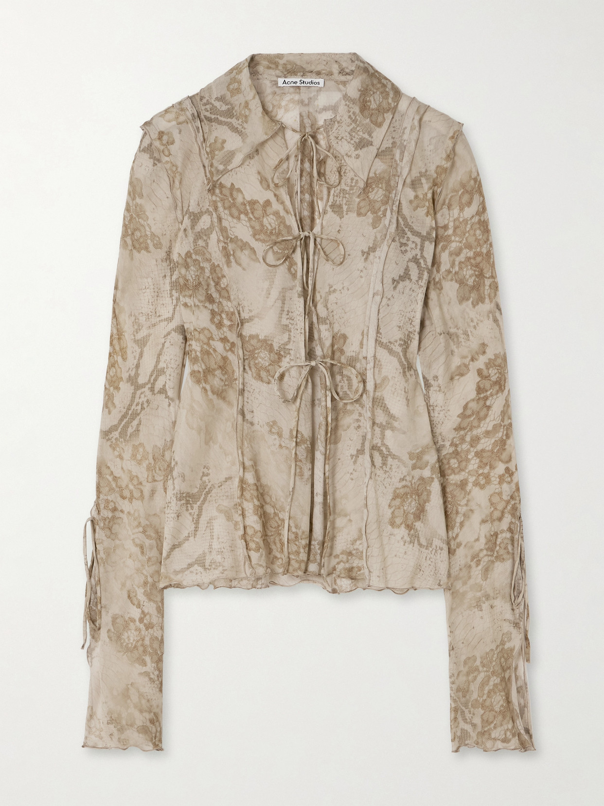 Acne Studios Ruffled Printed Cotton And Silk-blend Chiffon Blouse In Neutrals