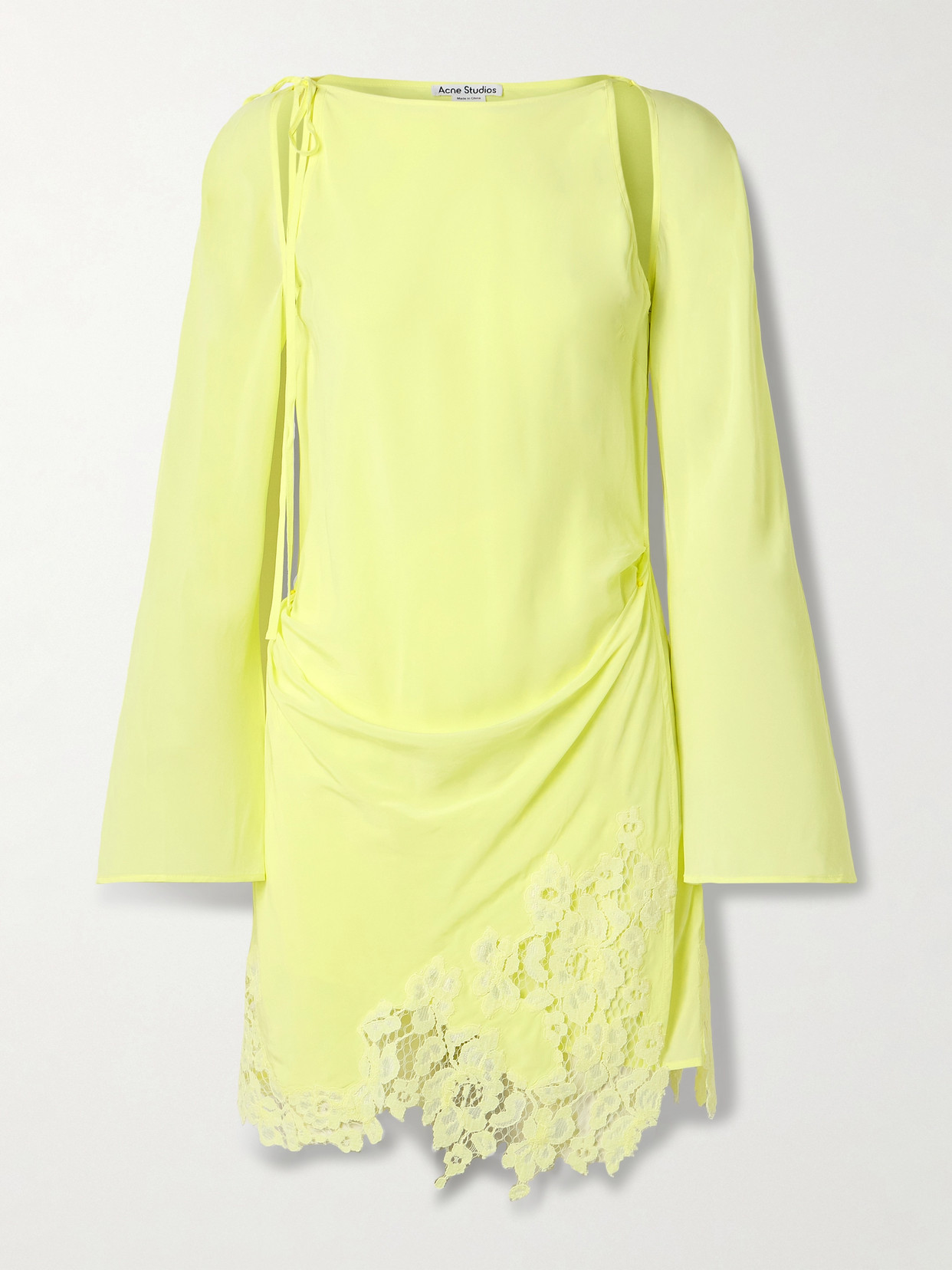 Acne Studios - Wrap-effect Cutout Lace-trimmed Jersey Mini Dress - Yellow