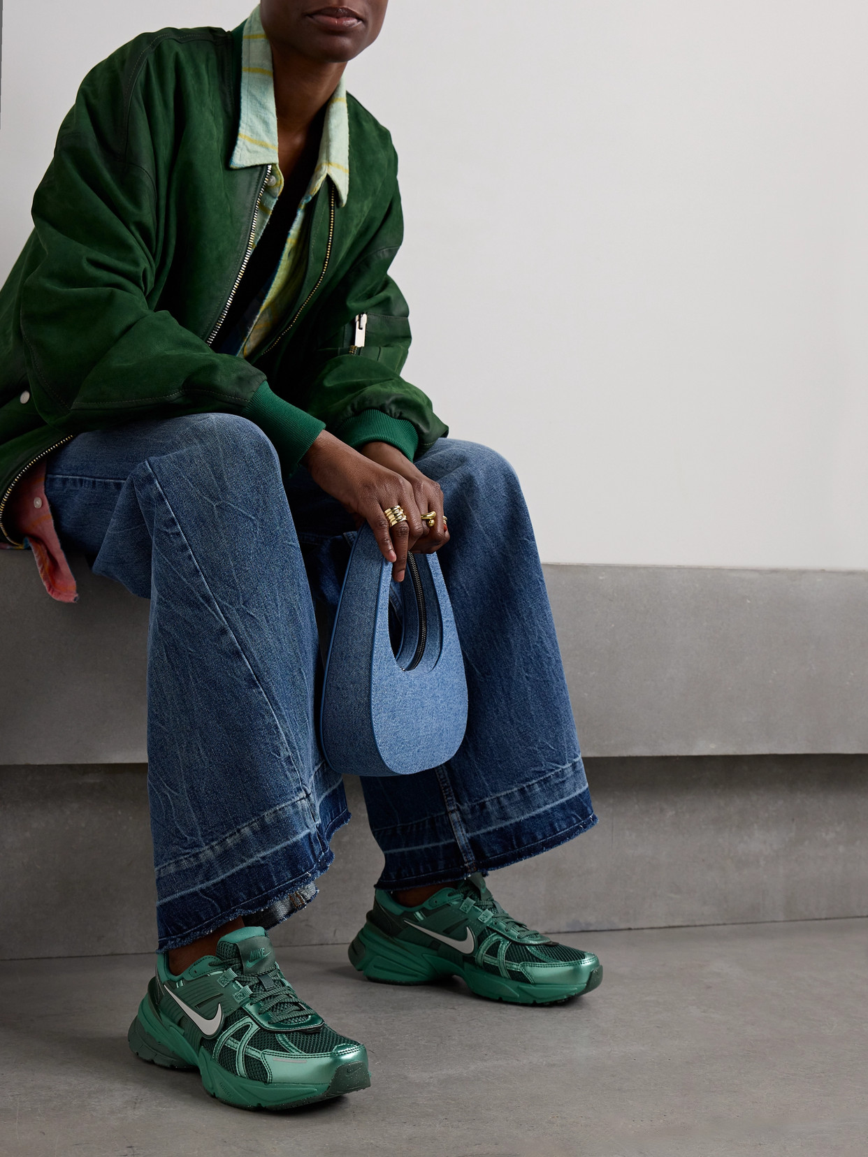 Nike V2k Metallic Leather, Rubber And Mesh Sneakers In Green