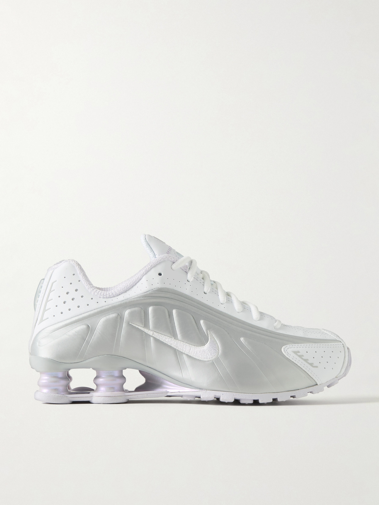 Nike Shox R4 Metallic Leather And Mesh Sneakers In White