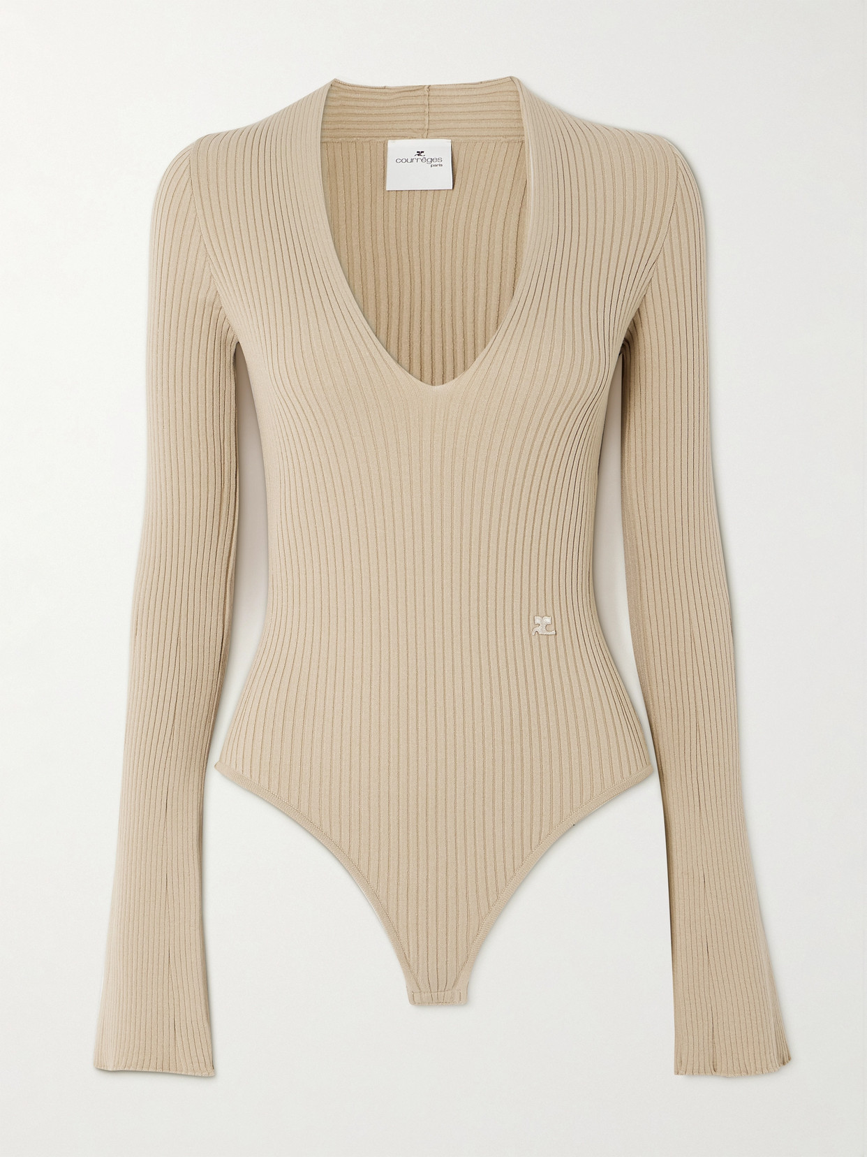 Courrèges Embroidered Ribbed-knit Bodysuit In Neutrals