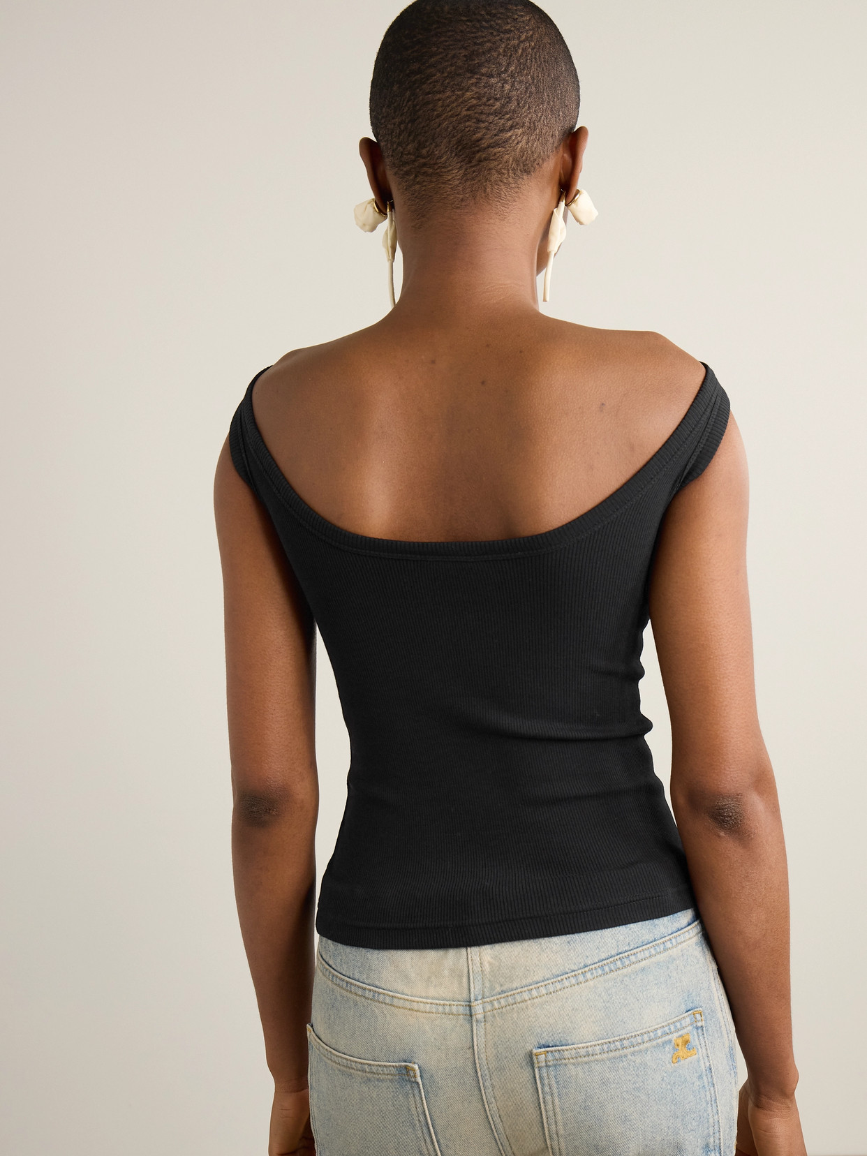 Shop Courrèges Hyperbole Off-the-shoulder Ribbed Stretch-cotton Jersey Top In Black