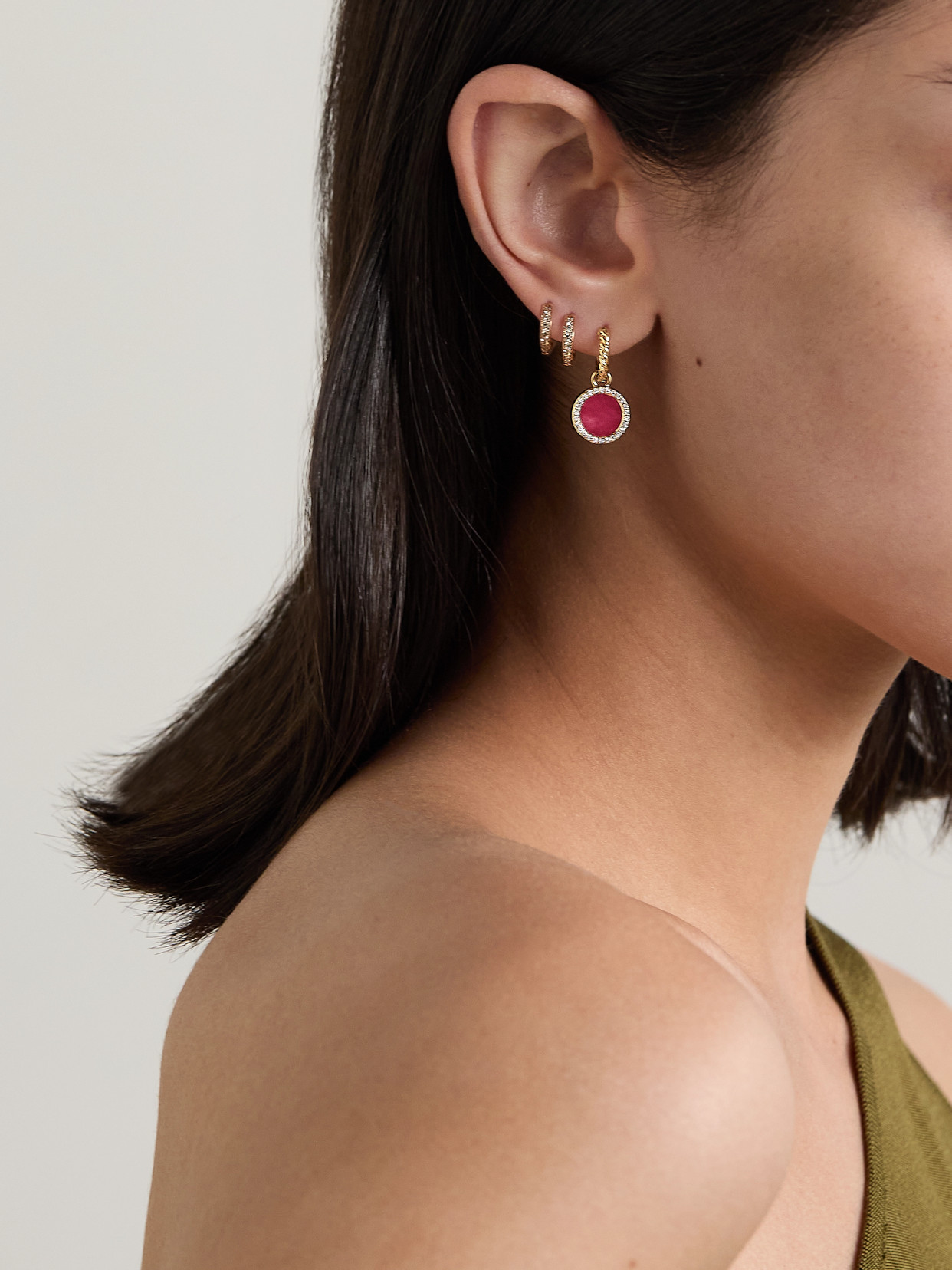 Shop David Yurman Petite Elements 18-karat Gold, Rhodonite And Diamond Hoop Earrings