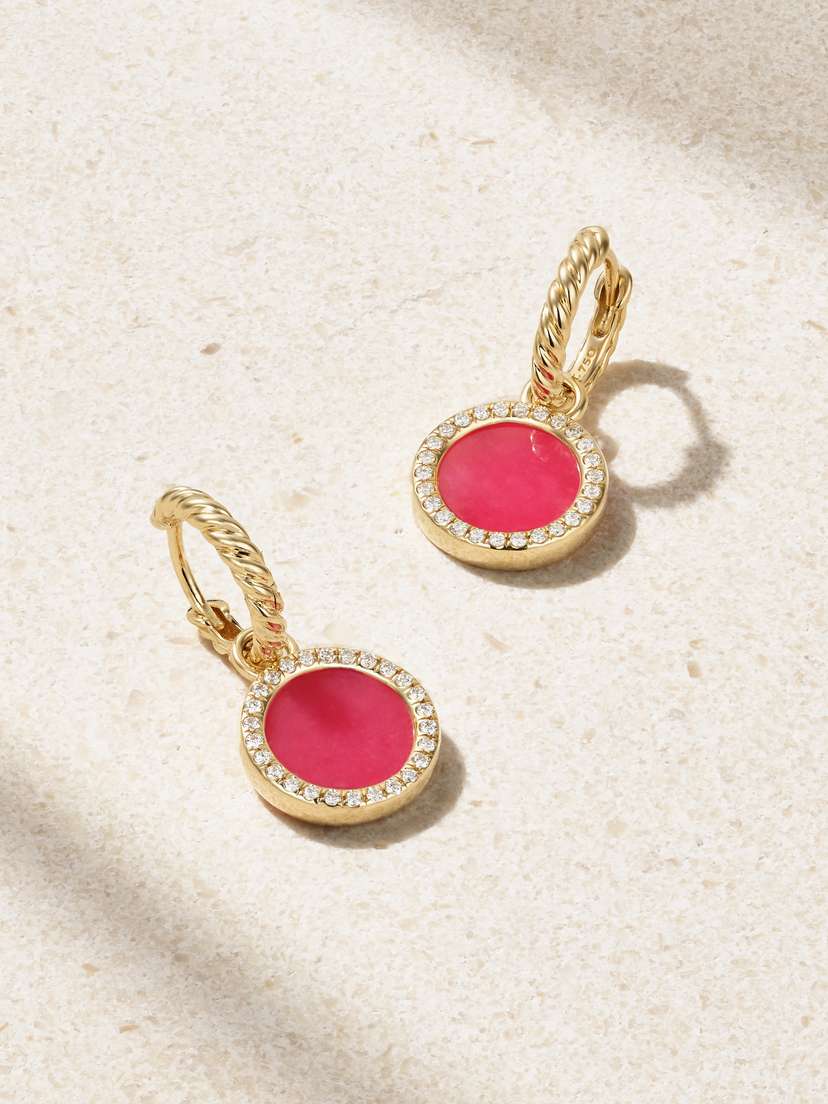 David Yurman Petite Elements 18-karat Gold, Rhodonite And Diamond Hoop Earrings
