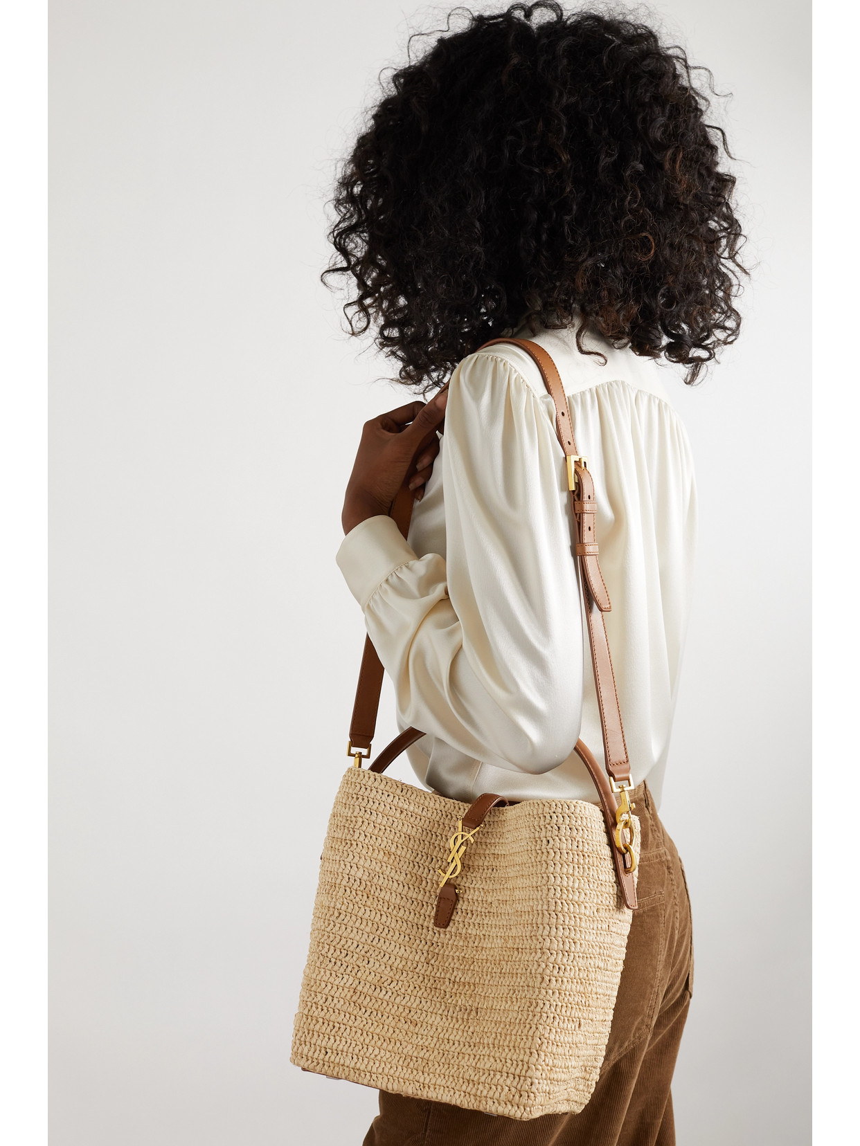 Shop Saint Laurent Le 37 Leather-trimmed Raffia Bucket Bag In Neutrals