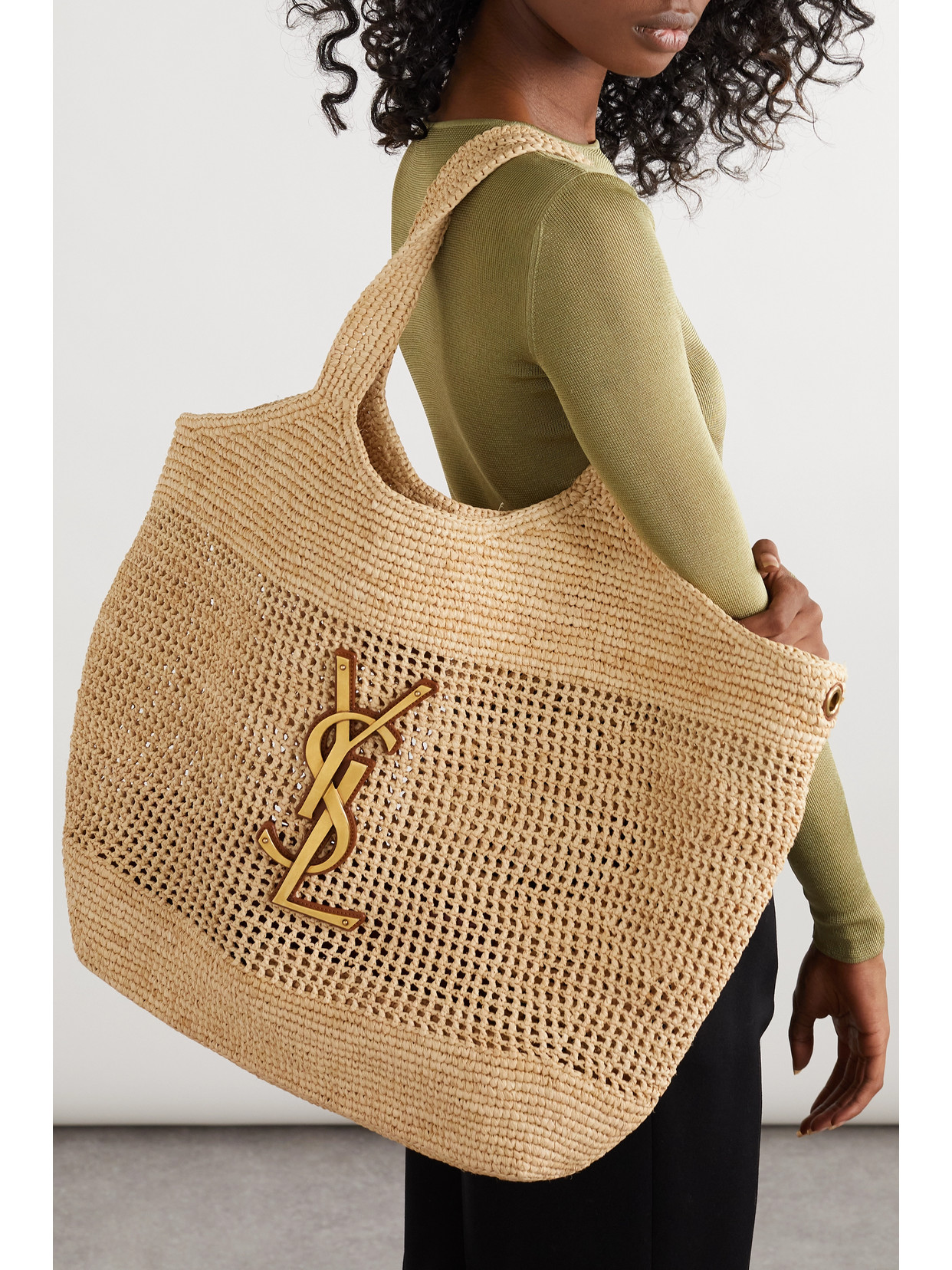 Saint Laurent Icare Maxi Embellished Leather-trimmed Raffia Tote In Neutrals