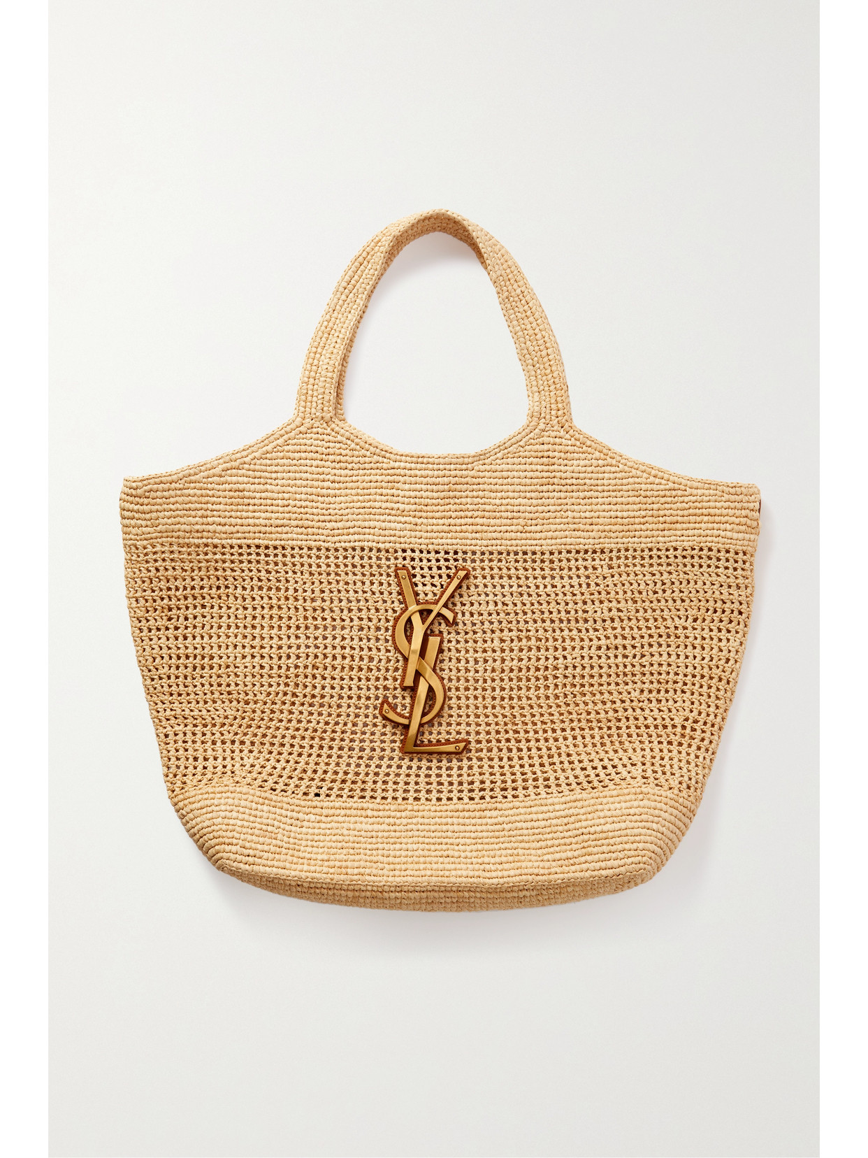 Saint Laurent Icare Maxi Embellished Leather-trimmed Raffia Tote In Neutrals