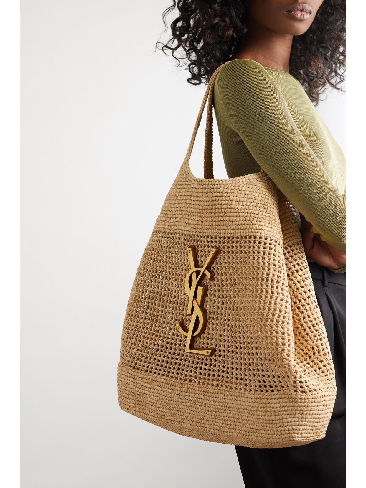Saint Laurent Icare Maxi Embellished Leather-trimmed Raffia Tote In Neutrals