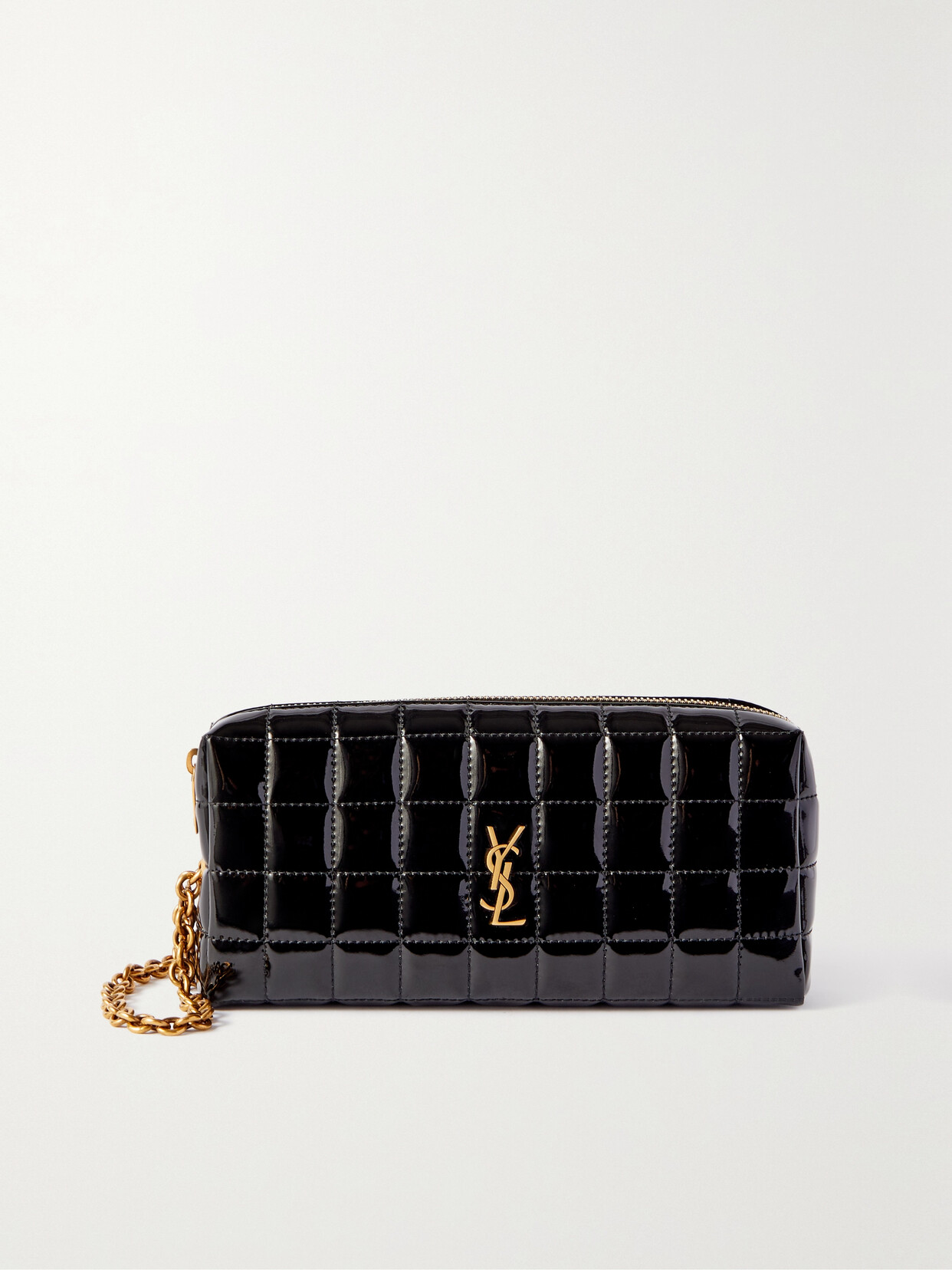 Saint Laurent Cassandre Carré Matelassé Patent Faux-leather Pouch In Noir