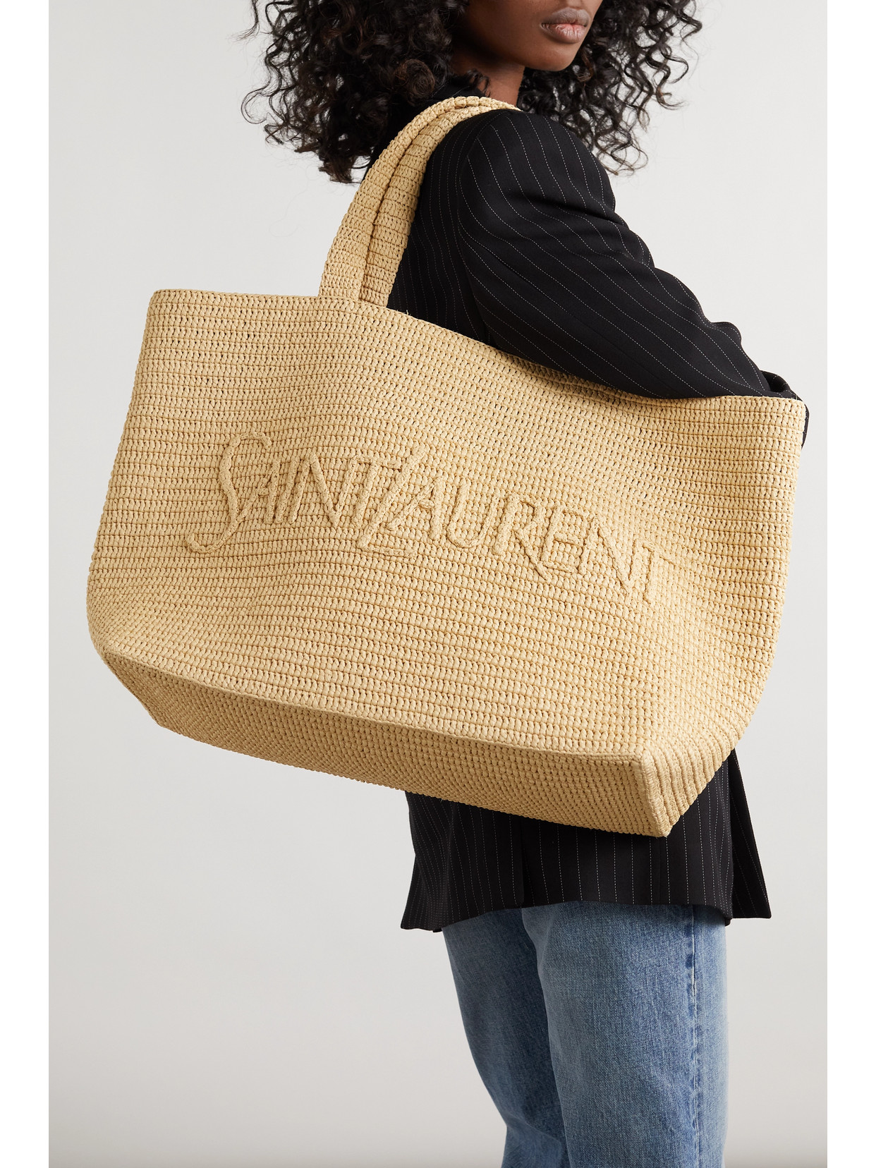 Shop Saint Laurent Oversized Raffia Tote In Neutrals