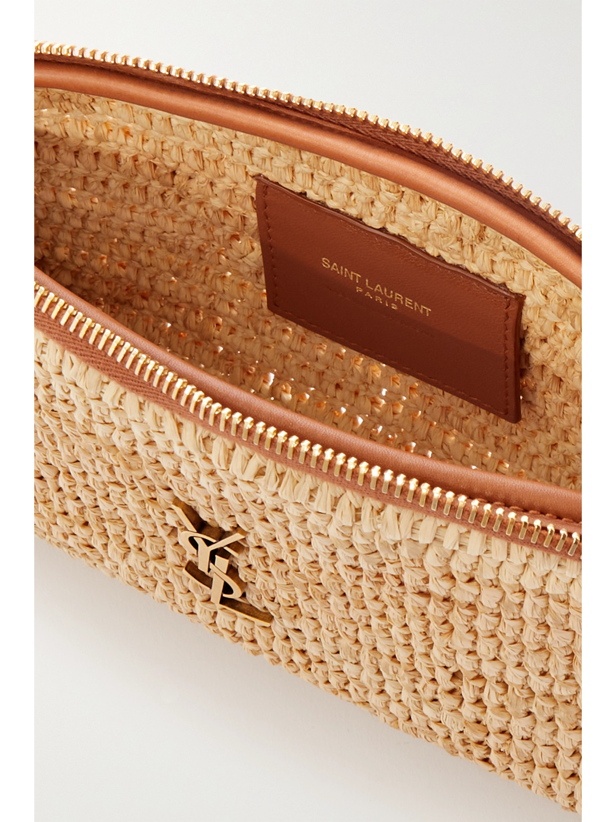 Shop Saint Laurent Leather-trimmed Raffia Shoulder Bag In Neutrals