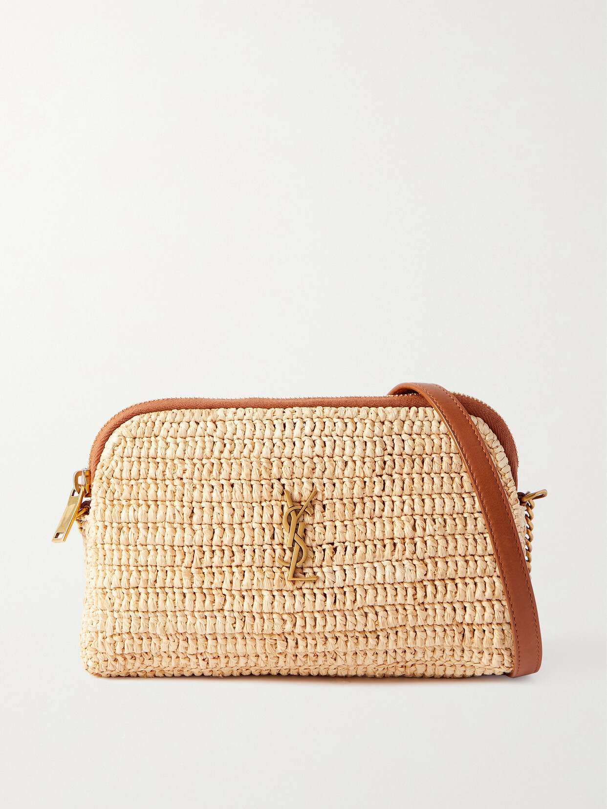 Shop Saint Laurent Leather-trimmed Raffia Shoulder Bag In Neutrals